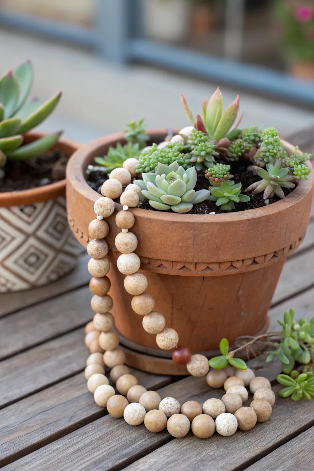 A plant pot adorned with wooden beads.