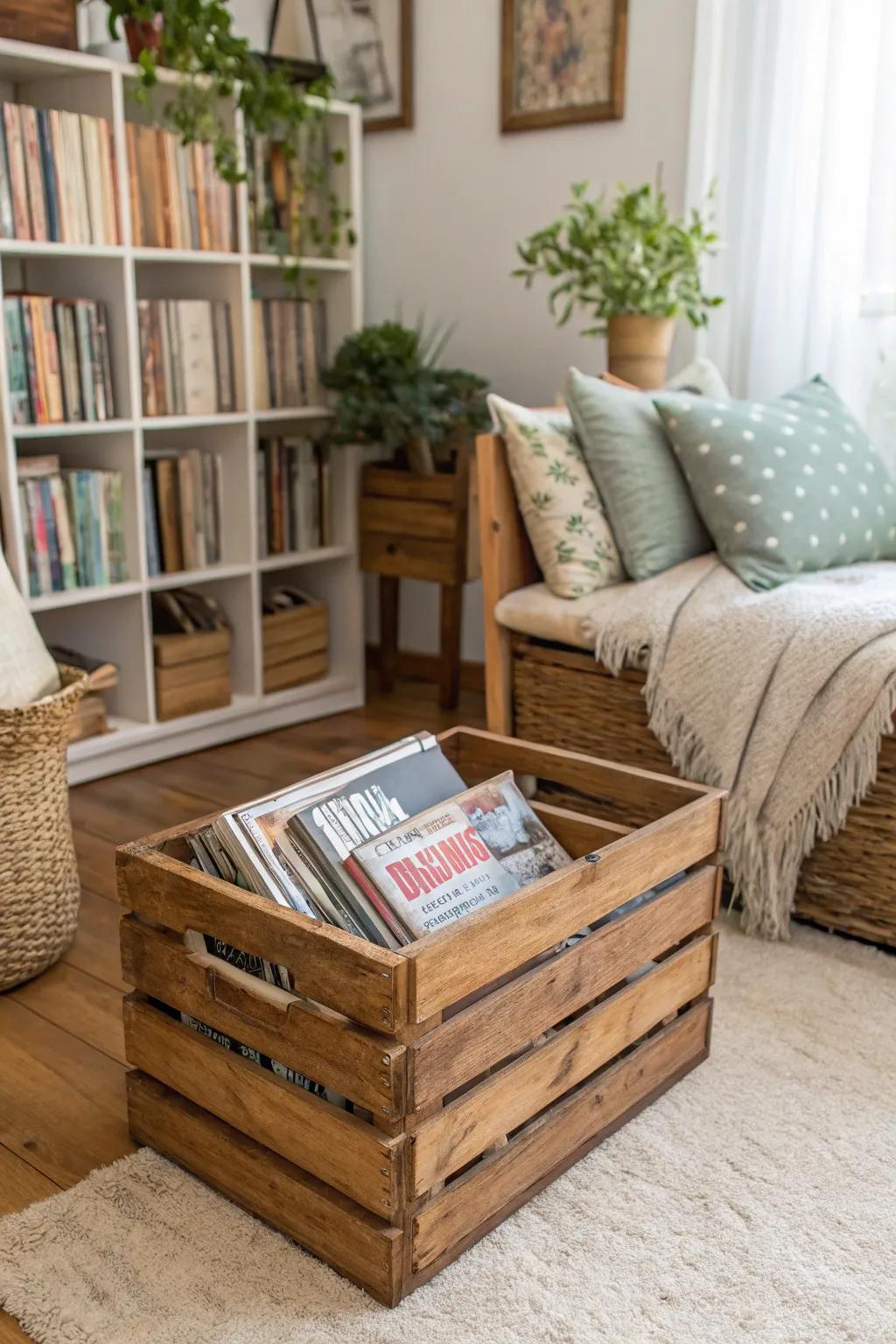 A wooden crate magazine holder adds style to any reading nook.