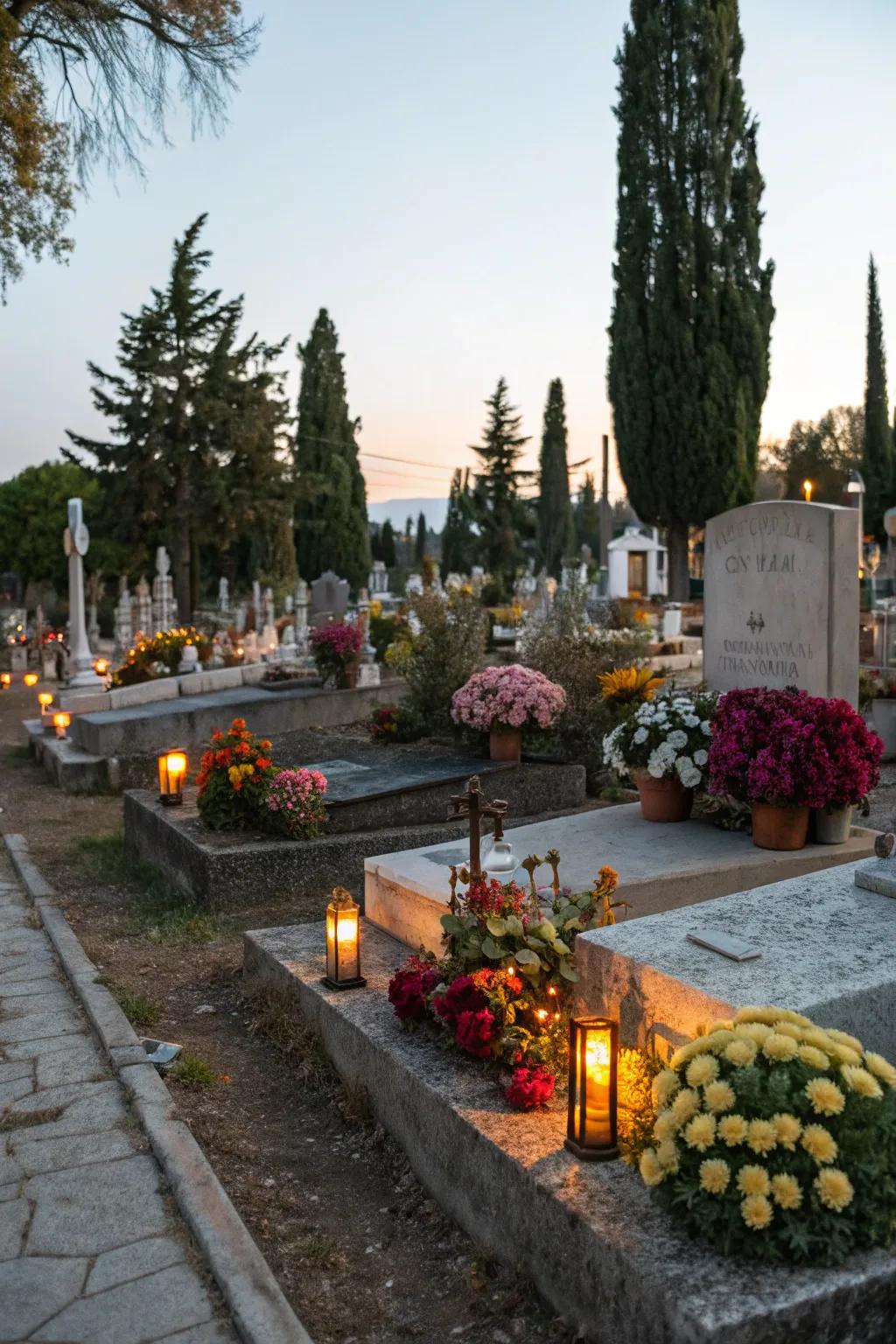 A peaceful cemetery visit, honoring loved ones with care and respect.