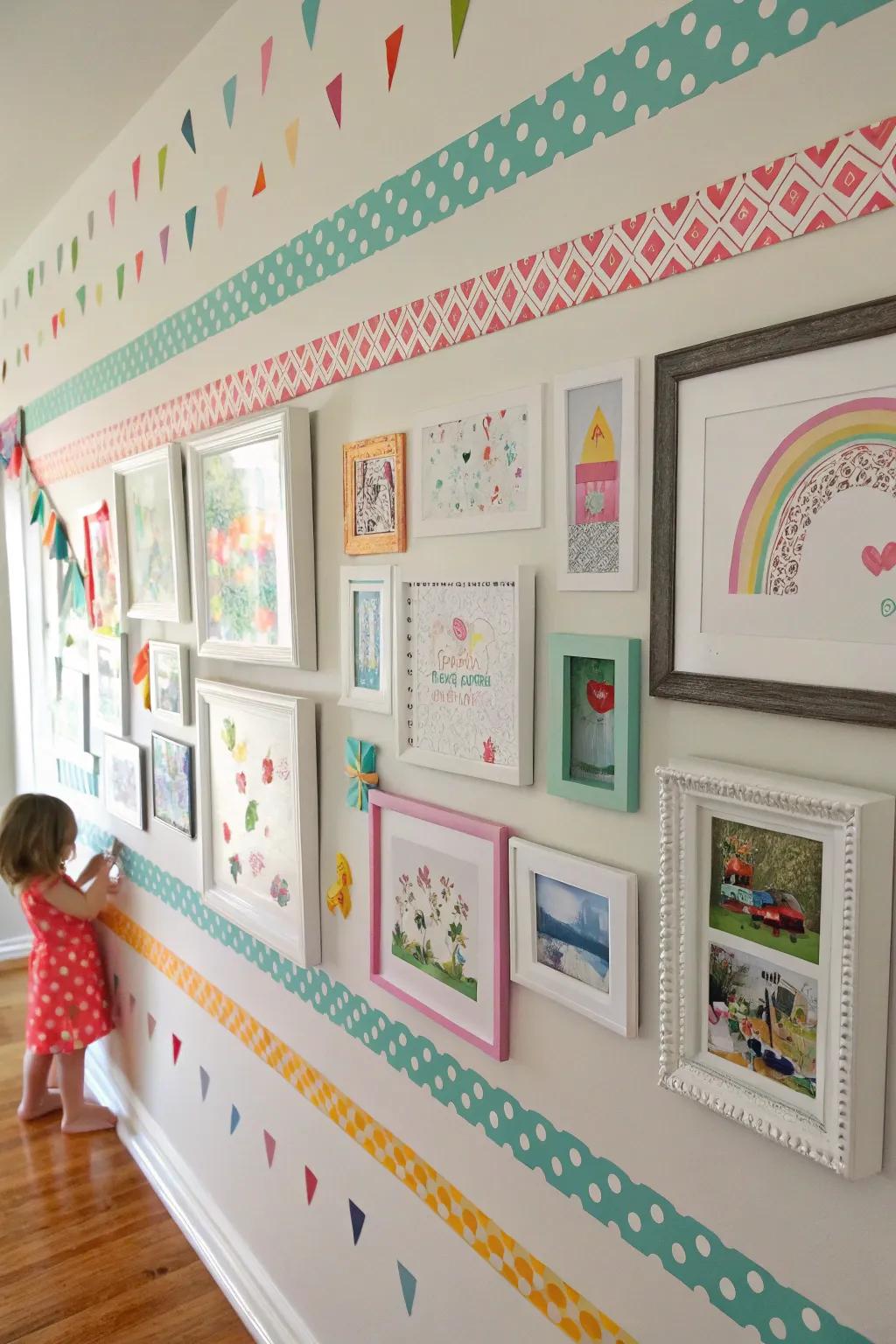 A vibrant gallery wall using washi tape to display kids' art.