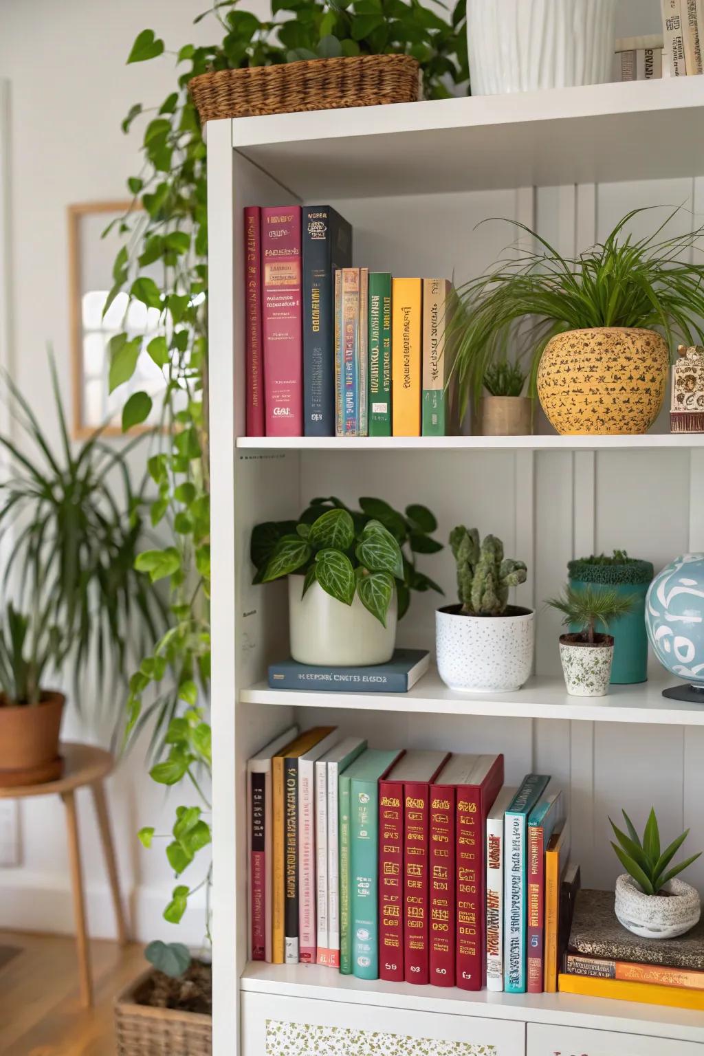 Books and plants harmoniously arranged on a stylish bookshelf.