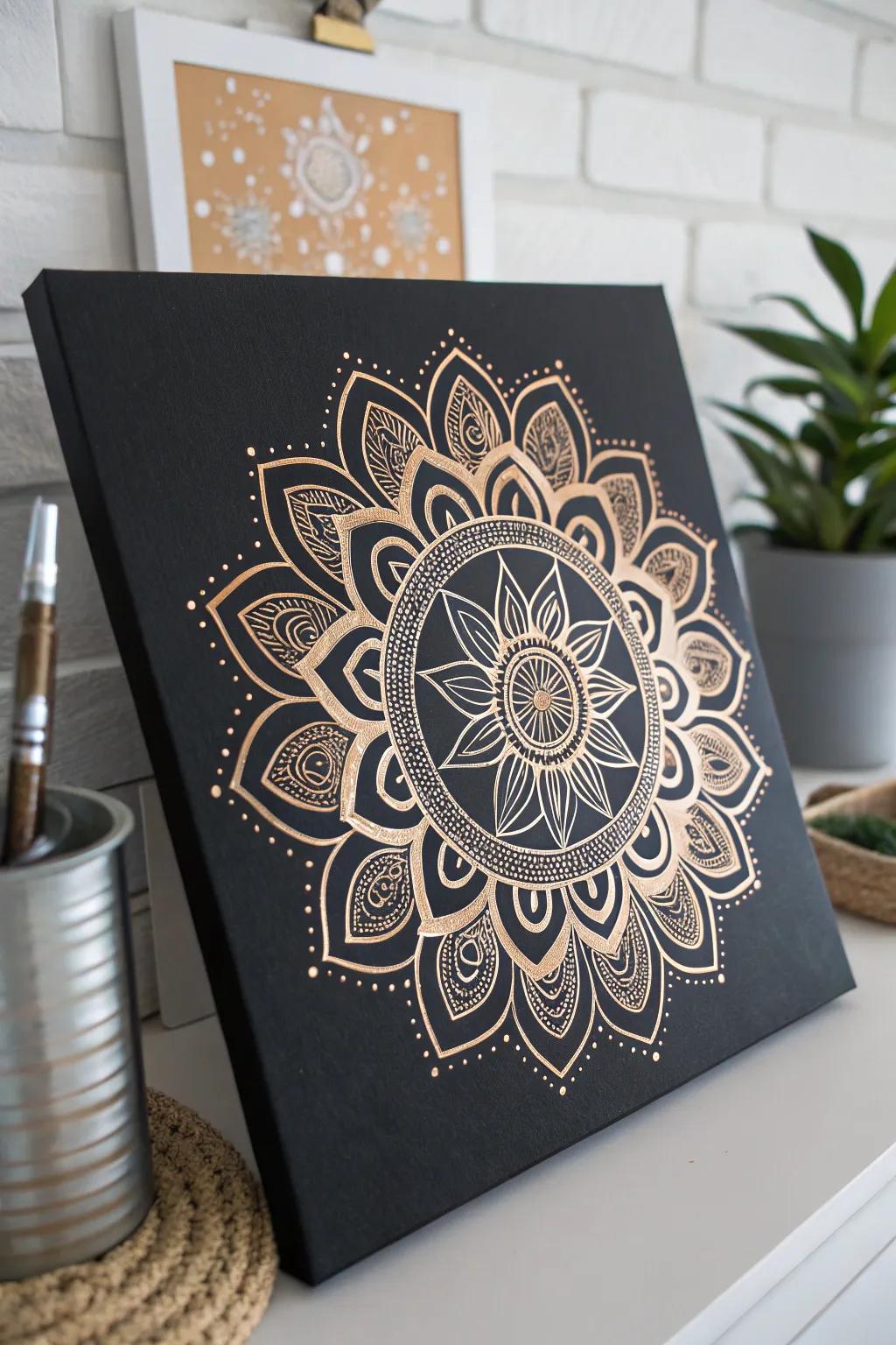 Stencils with metallic paints add a modern touch to black paper art.