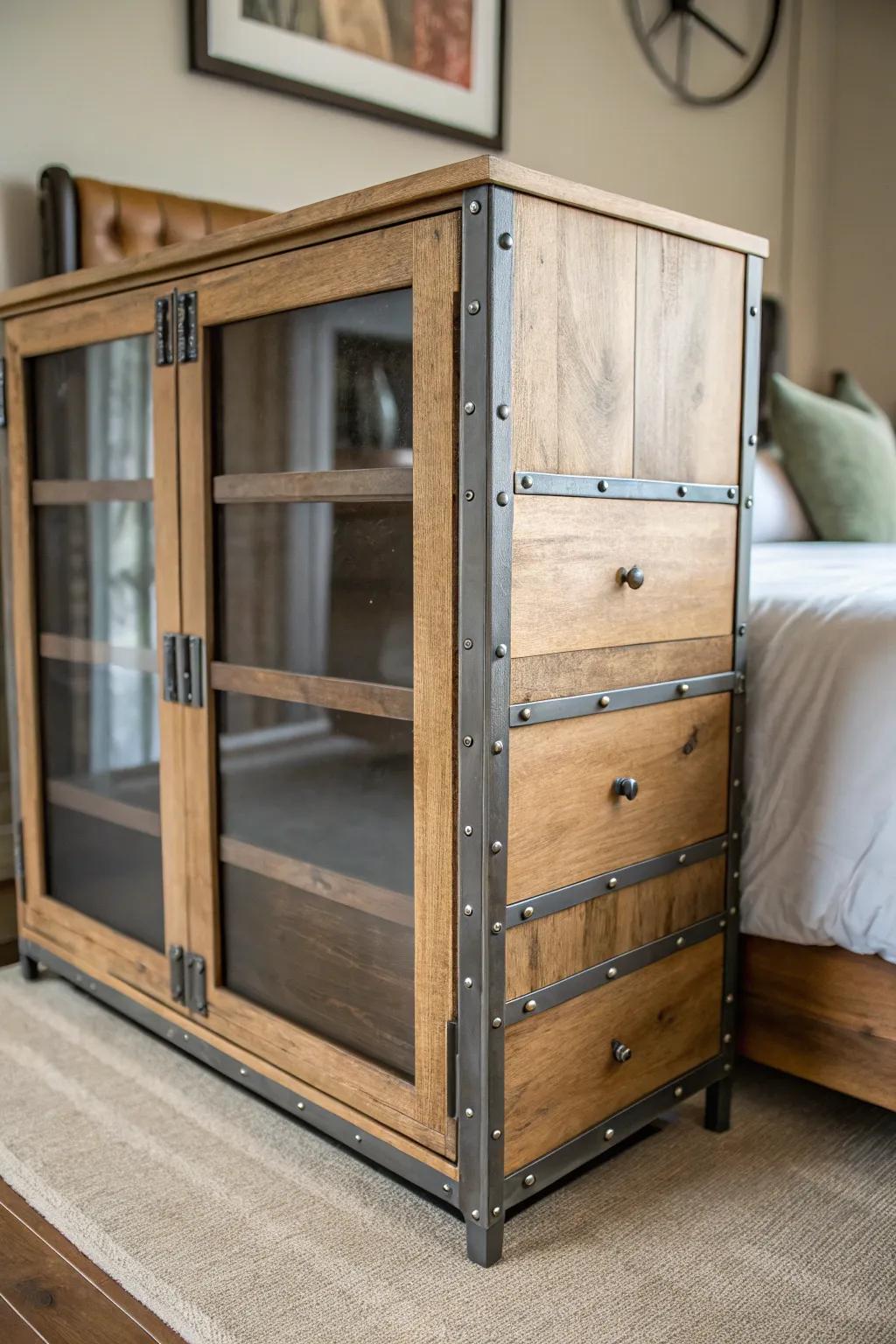 Mixed materials in your dresser design add eclectic charm and depth.