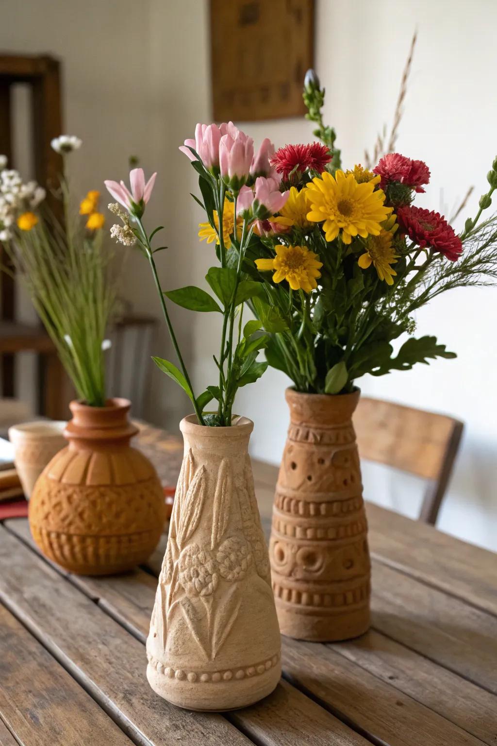 Naturalistic vases crafted from excavator clay, beautifully displaying fresh flowers.