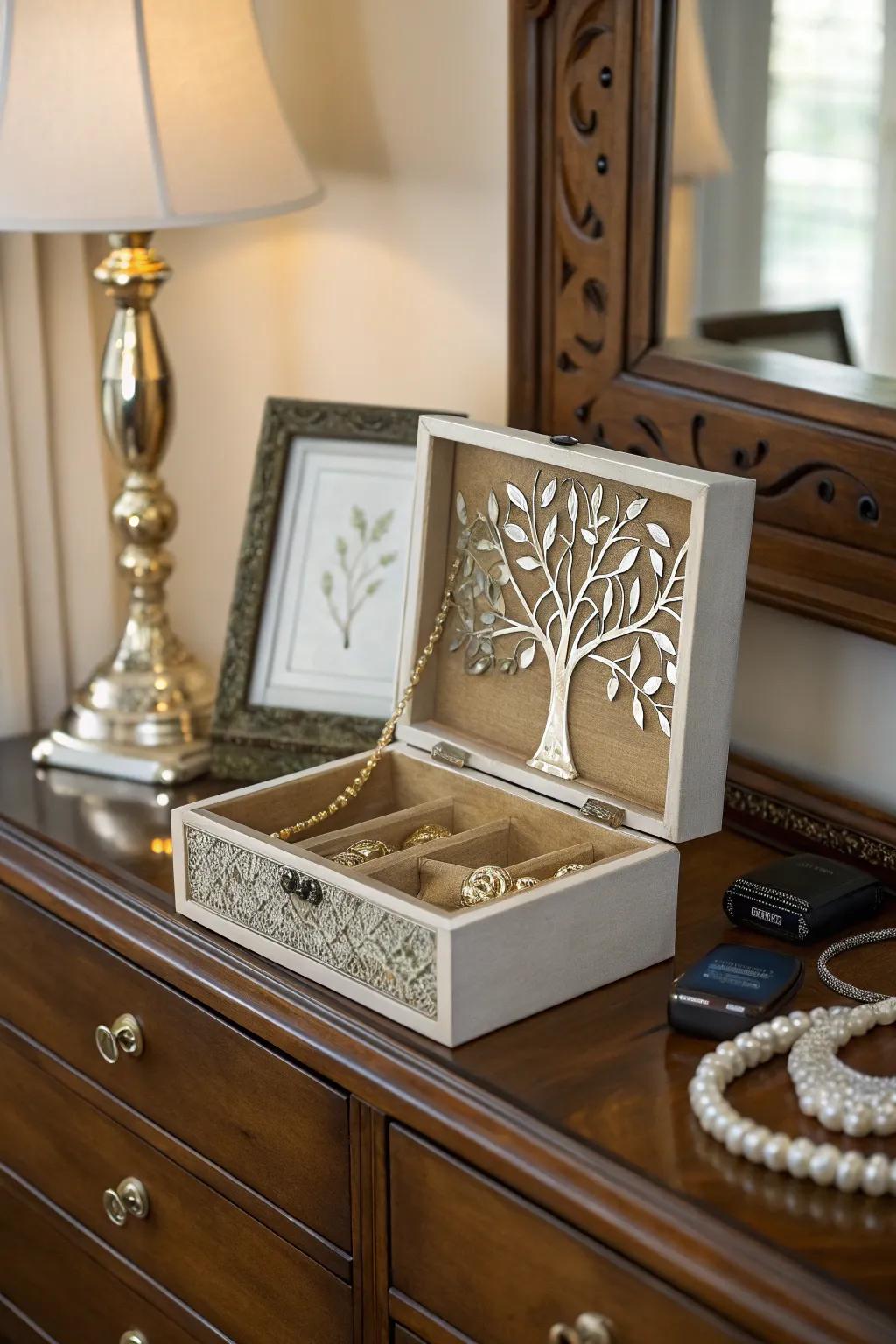 A family tree jewelry box that combines functionality with sentimental value.