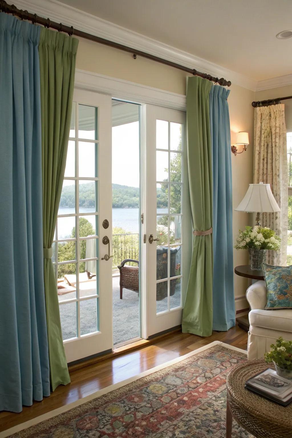 Blue and green curtains creating a tranquil atmosphere in the family room.