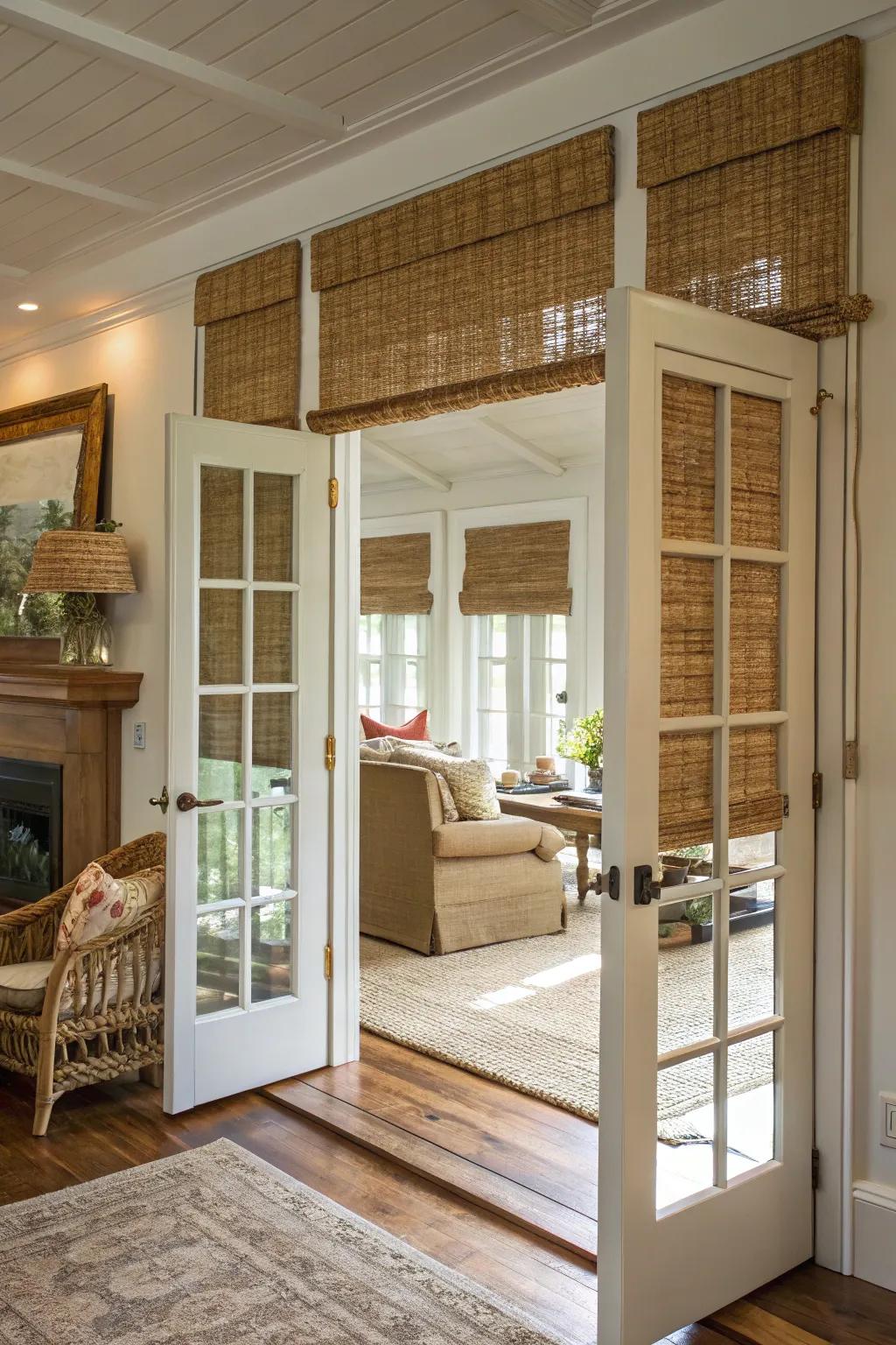 Cozy woven wood shades offering natural elegance to French doors.