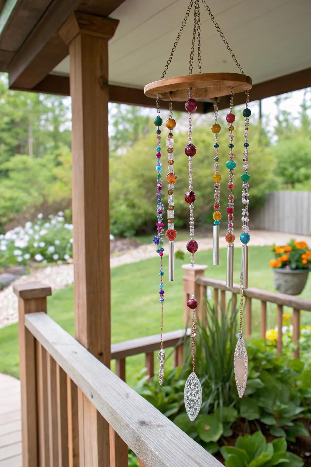 Soothing gemstone wind chimes creating a tranquil outdoor atmosphere.