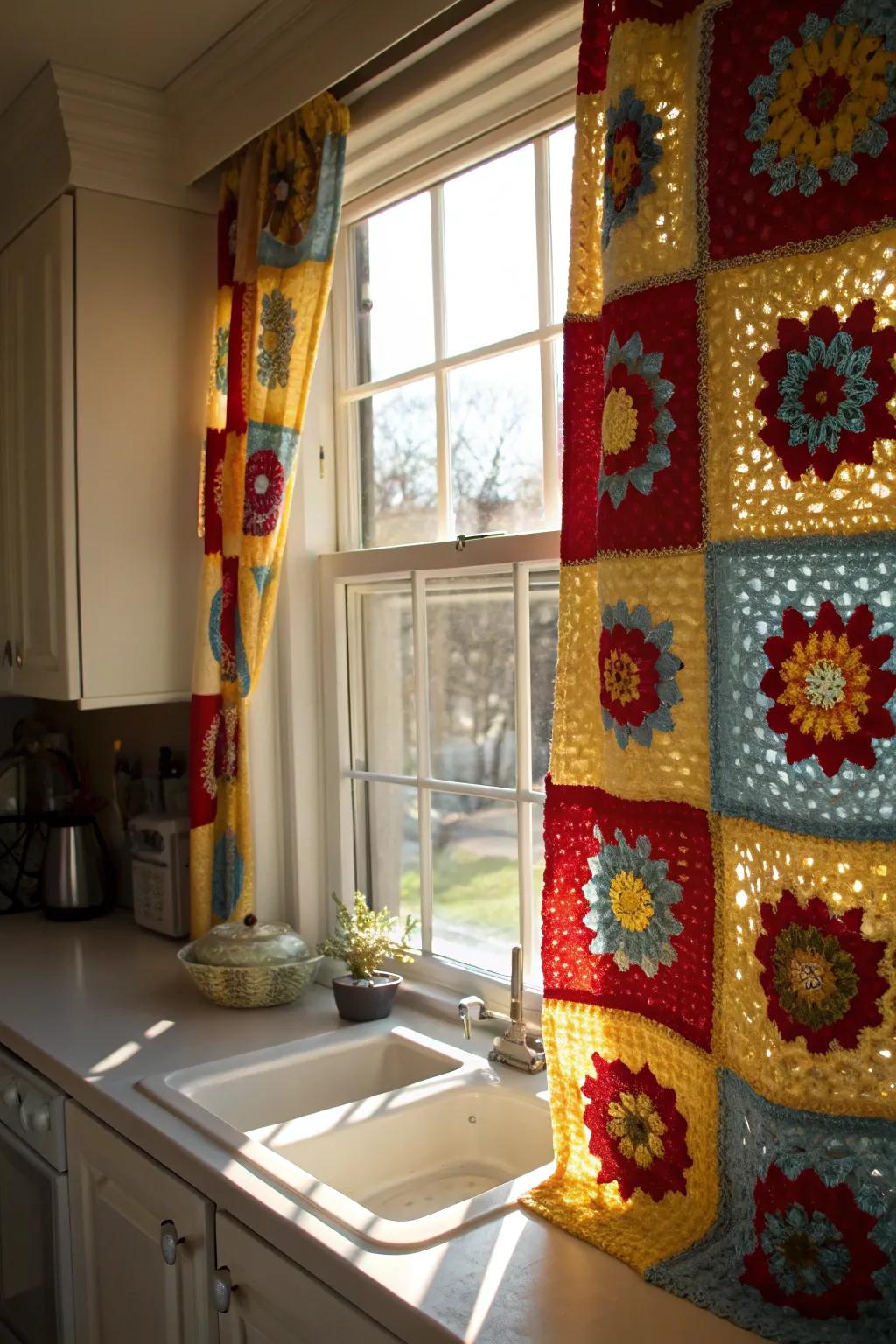 A handmade curtain crafted from granny squares, adding a whimsical touch to the home.