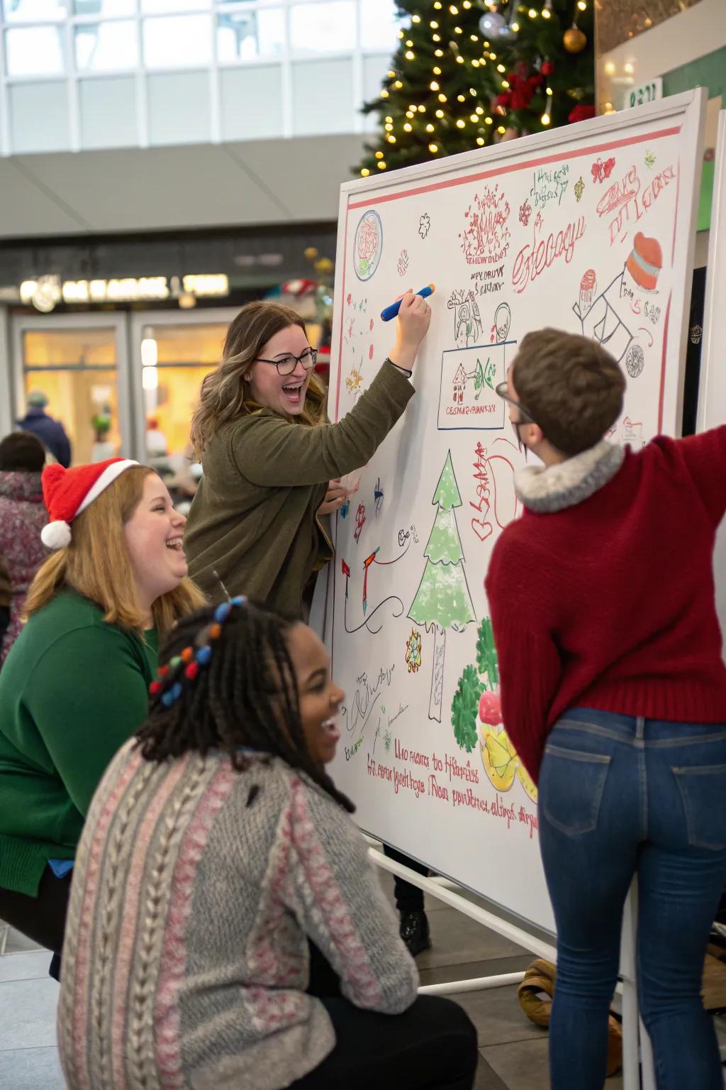 A lively game of Christmas Carol Pictionary in action.