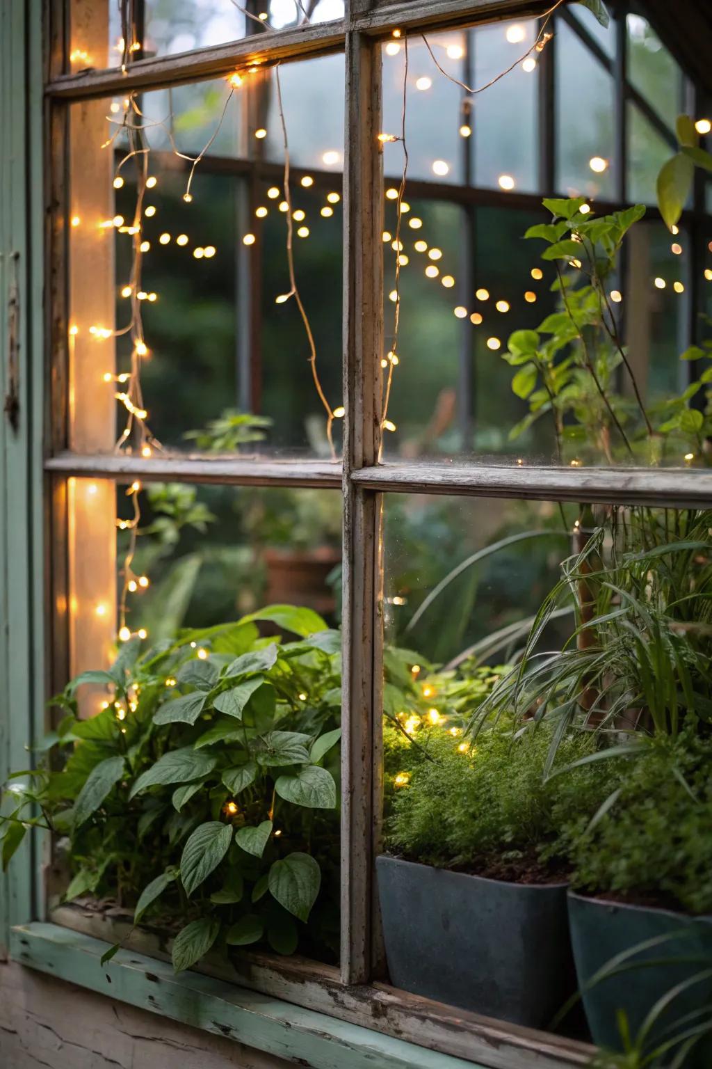 A lush greenhouse-style window display.