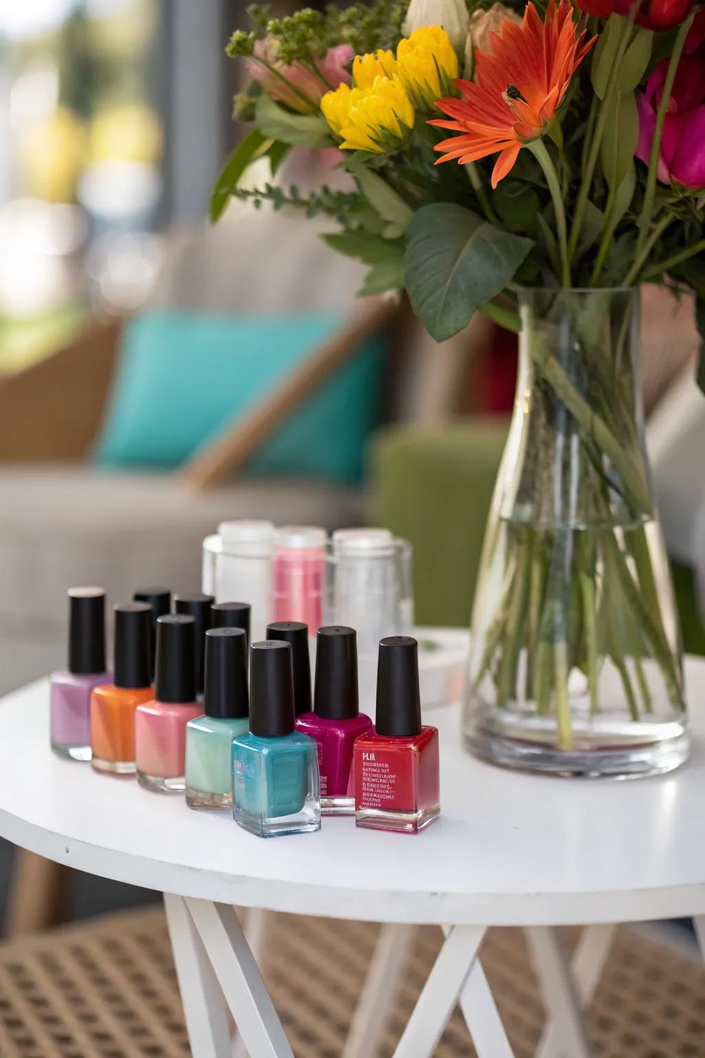 A clear vase elegantly displays a small collection of nail polishes.