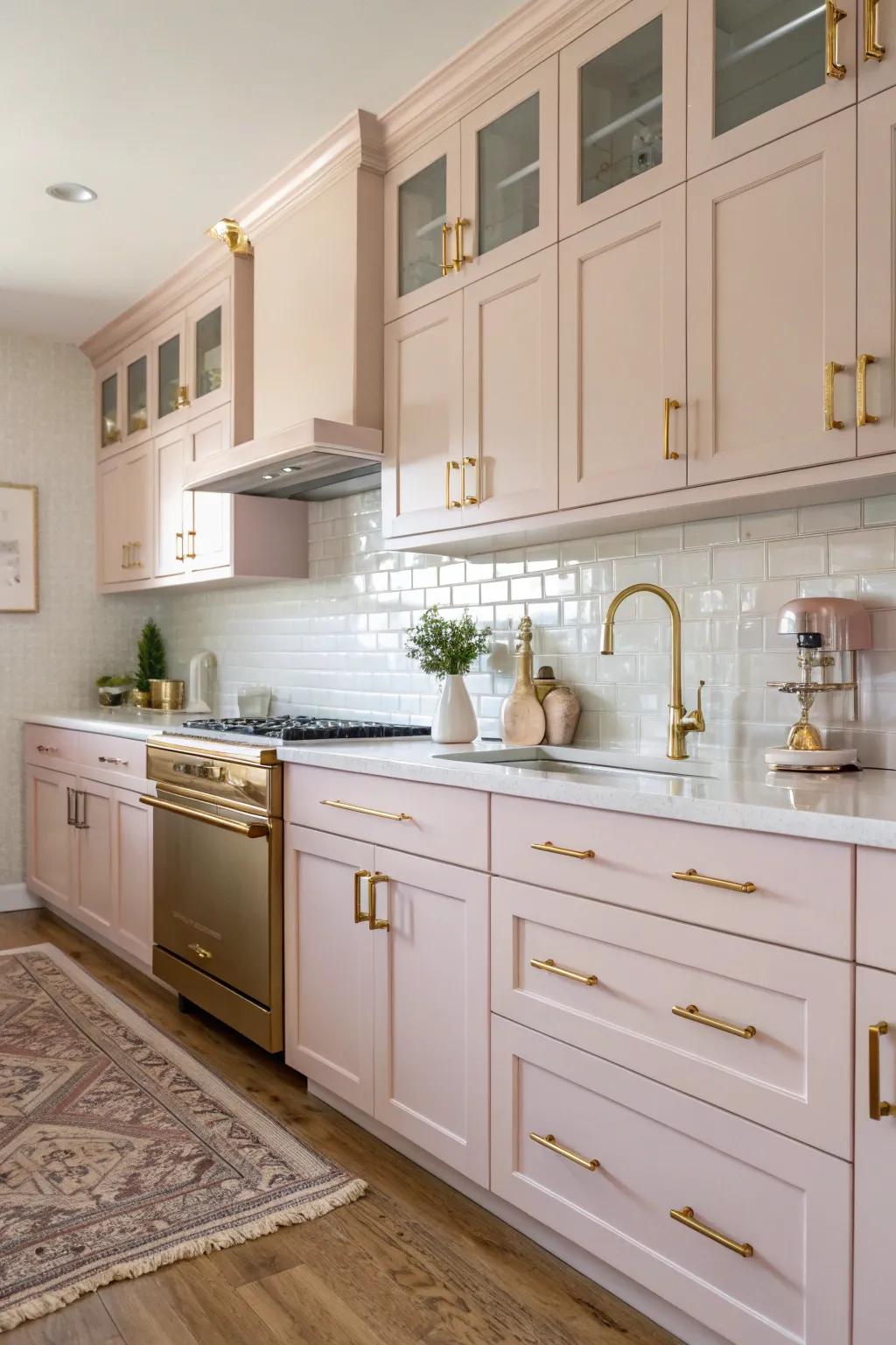 A charming kitchen with soft pastel pink highlights.