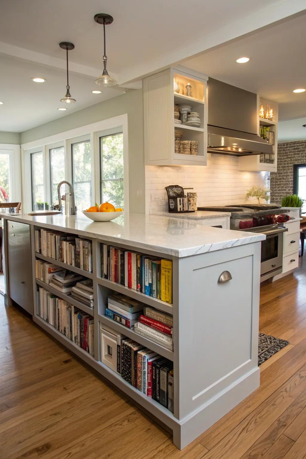 A functional kitchen peninsula with built-in cookbook storage.