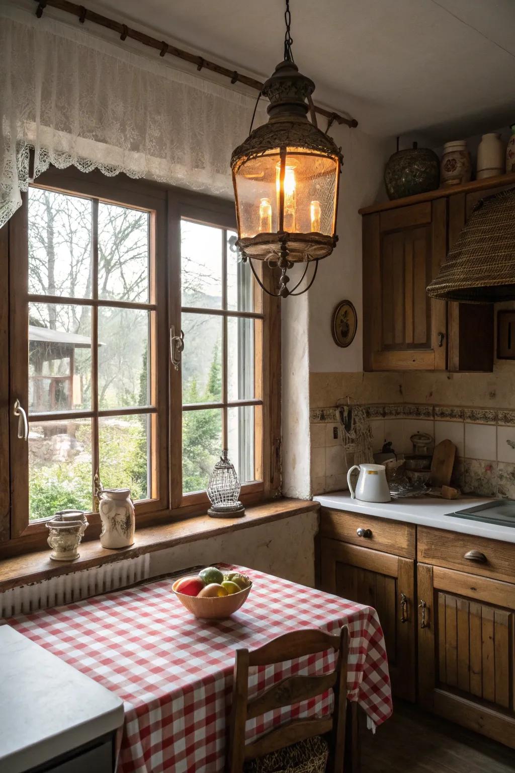 A vintage lantern adds character and charm above the kitchen window.