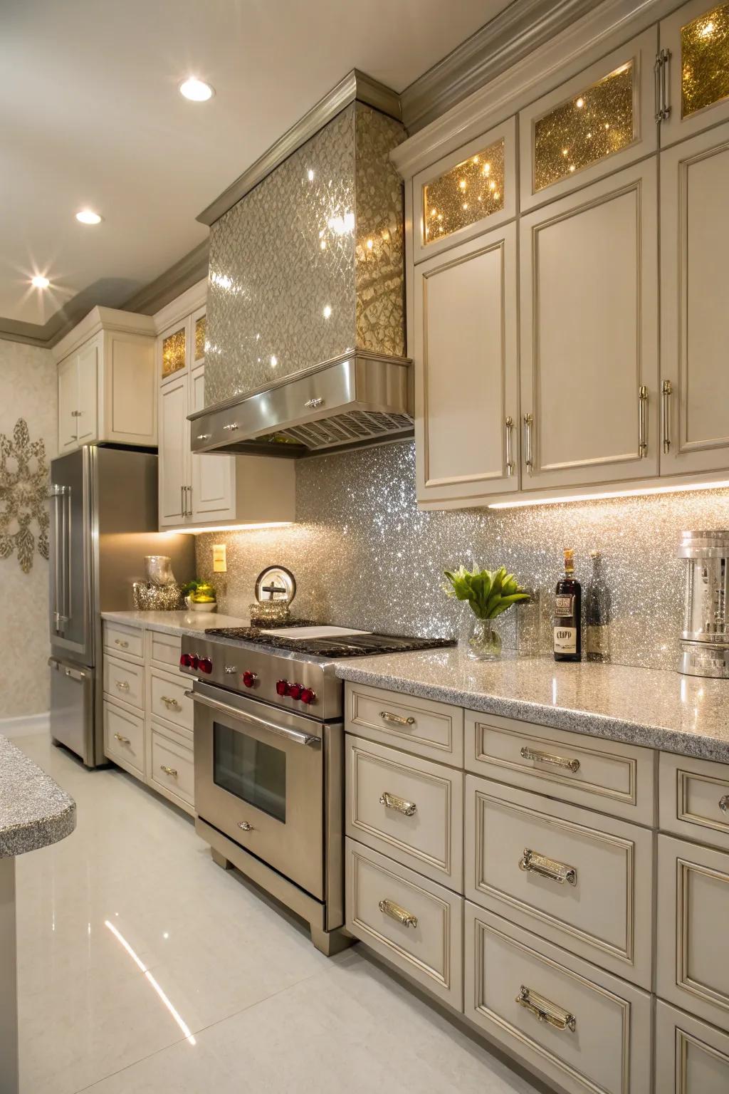 Metallic accents enhance light and add a luxurious touch to a windowless kitchen.