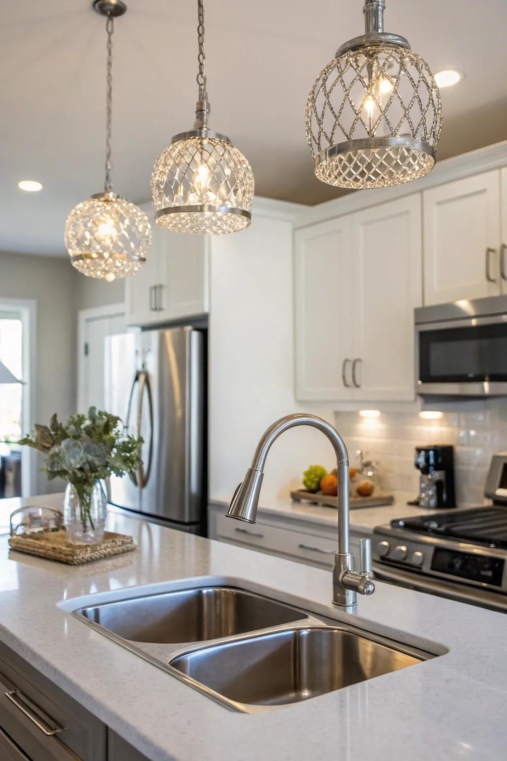 Jewelry-like fixtures add sophistication and elegance to the kitchen.