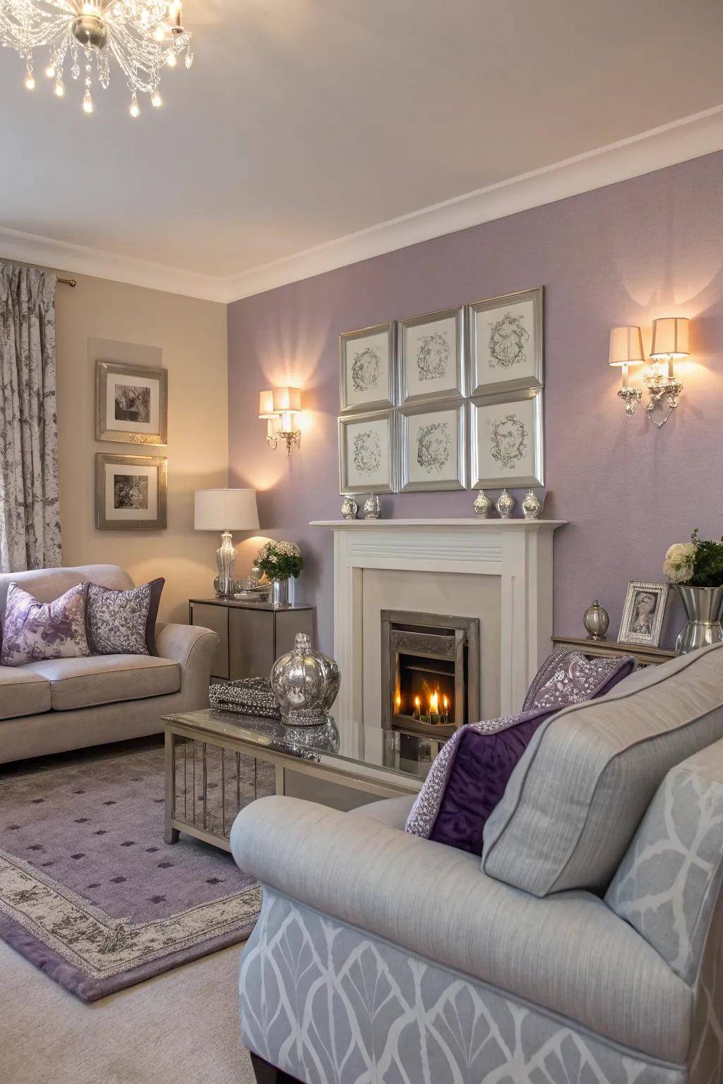 Soft lavender walls create a serene and sophisticated ambiance.