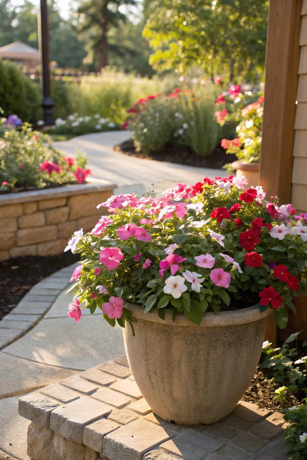 SunPatiens thrive in full sun, offering vibrant, mildew-resistant blooms.