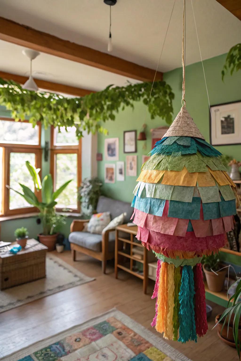 An eco-friendly upcycled pinata, crafted from recycled materials.