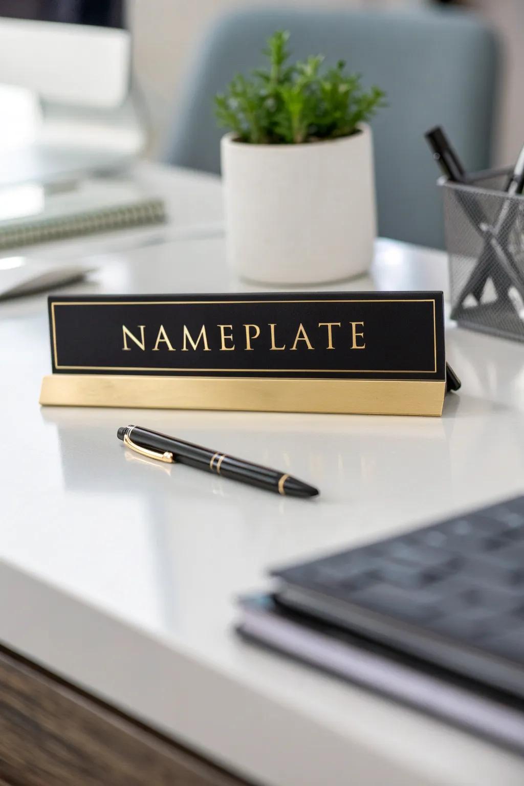 A custom nameplate adds a personal touch to any workspace.