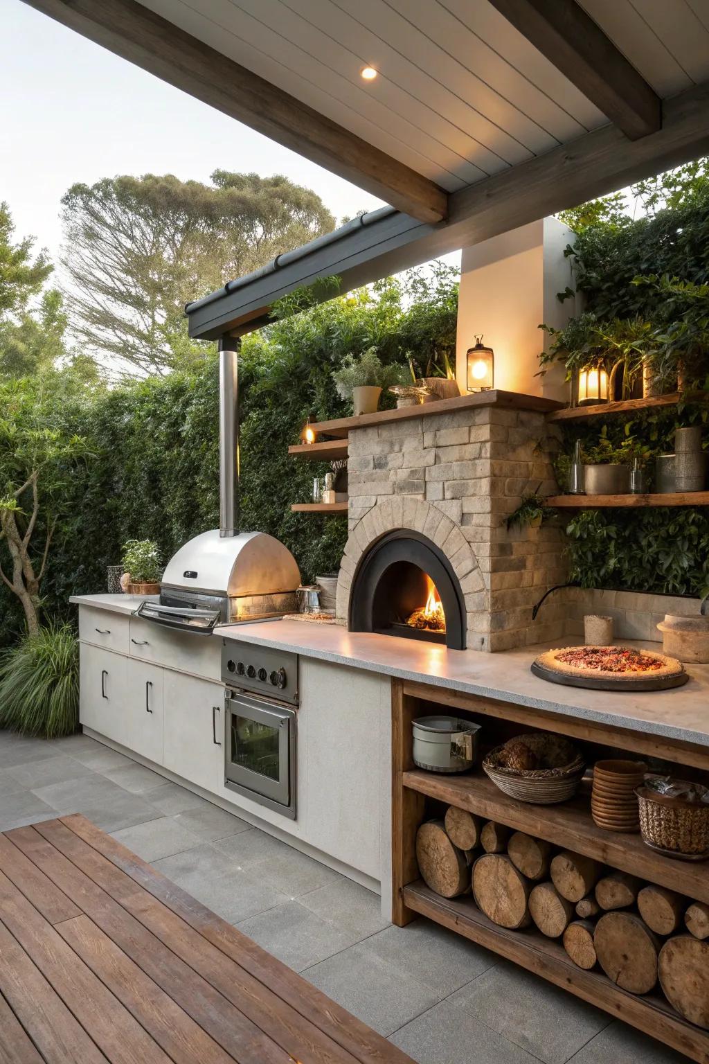 An outdoor kitchen with a fireplace for the ultimate entertaining experience.