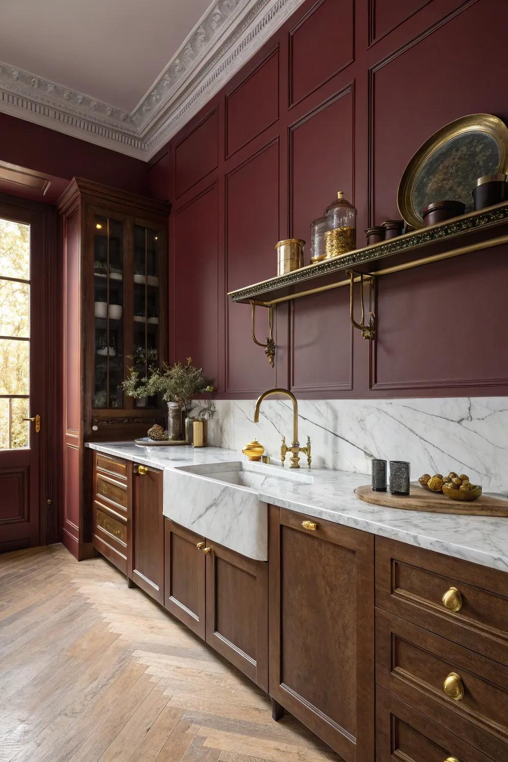 Burgundy walls add depth and luxury to the kitchen.