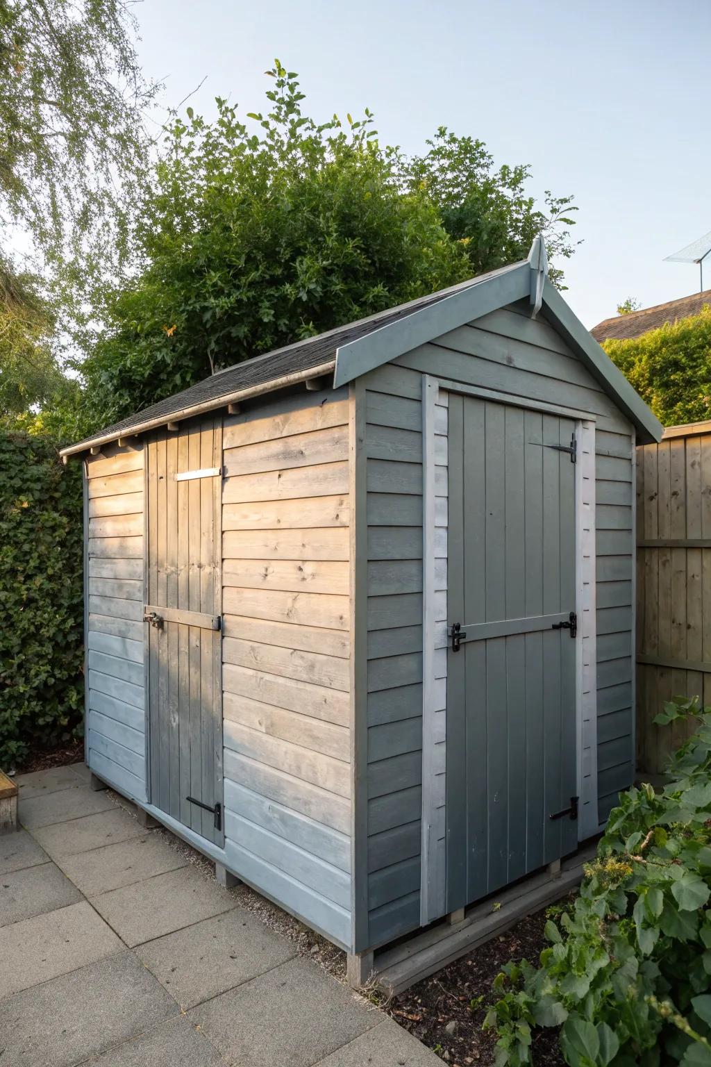 A garden shed with an ombre effect, showcasing varying shades of grey.