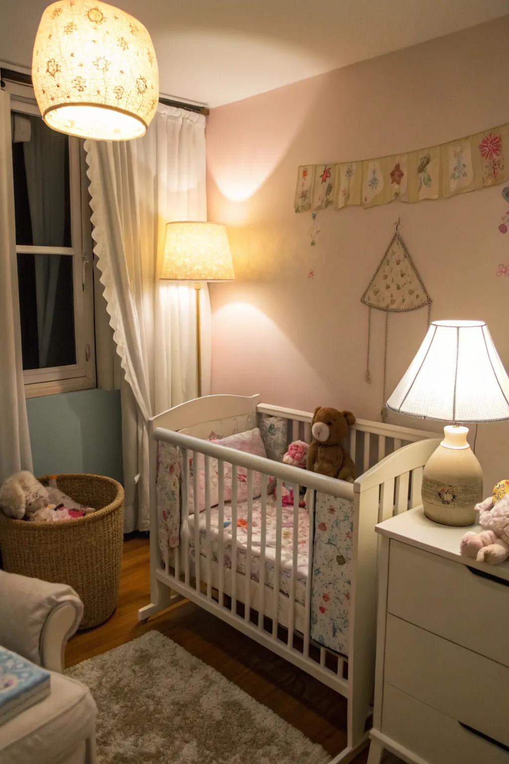 A dimmable lamp providing soft lighting in a cozy nursery space.