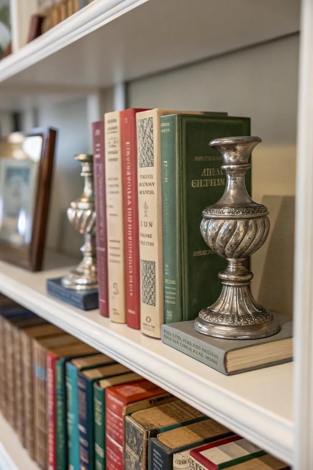 Pewter bookends blend functionality with style.