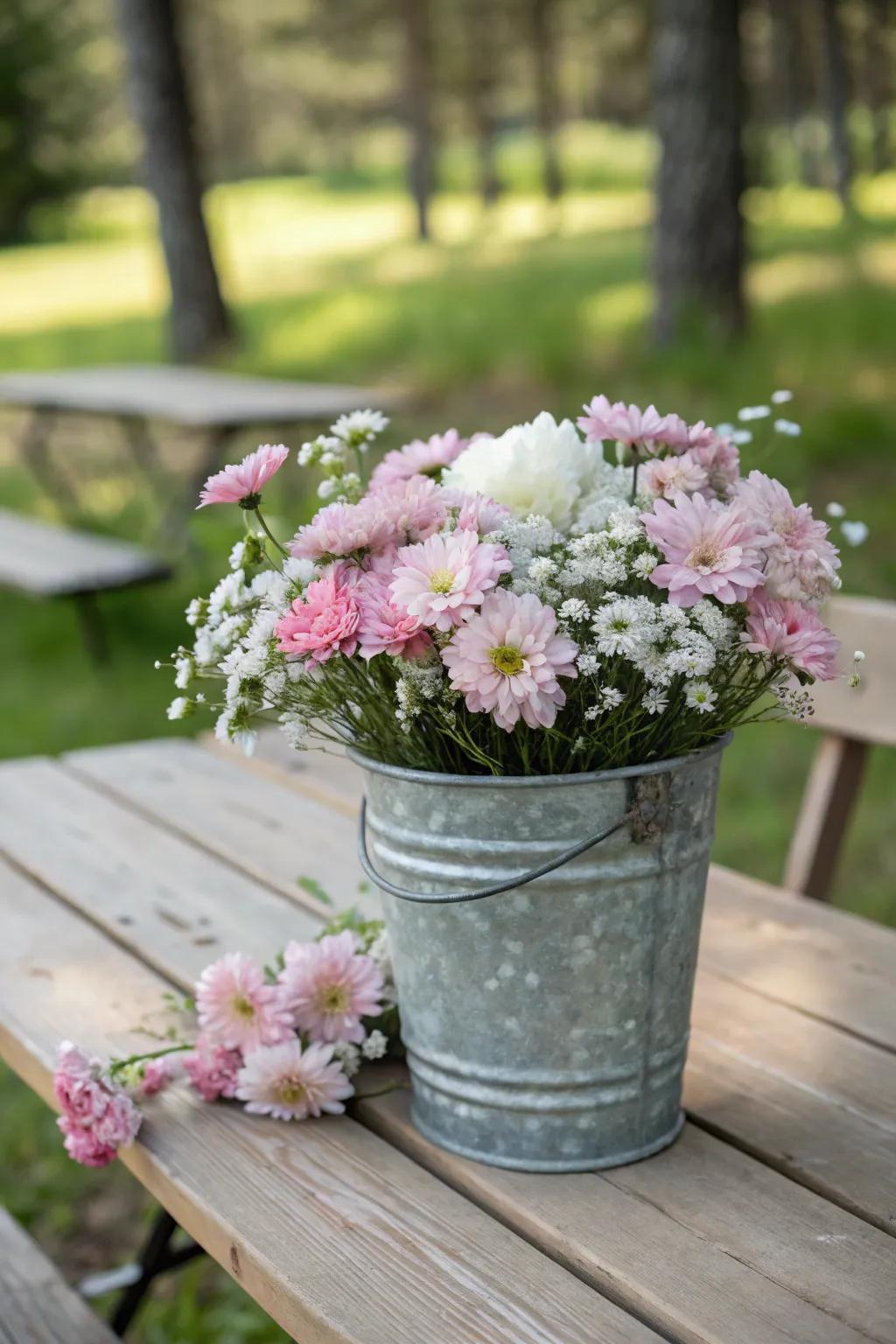 A charming bucket arrangement for rustic outdoor gatherings.