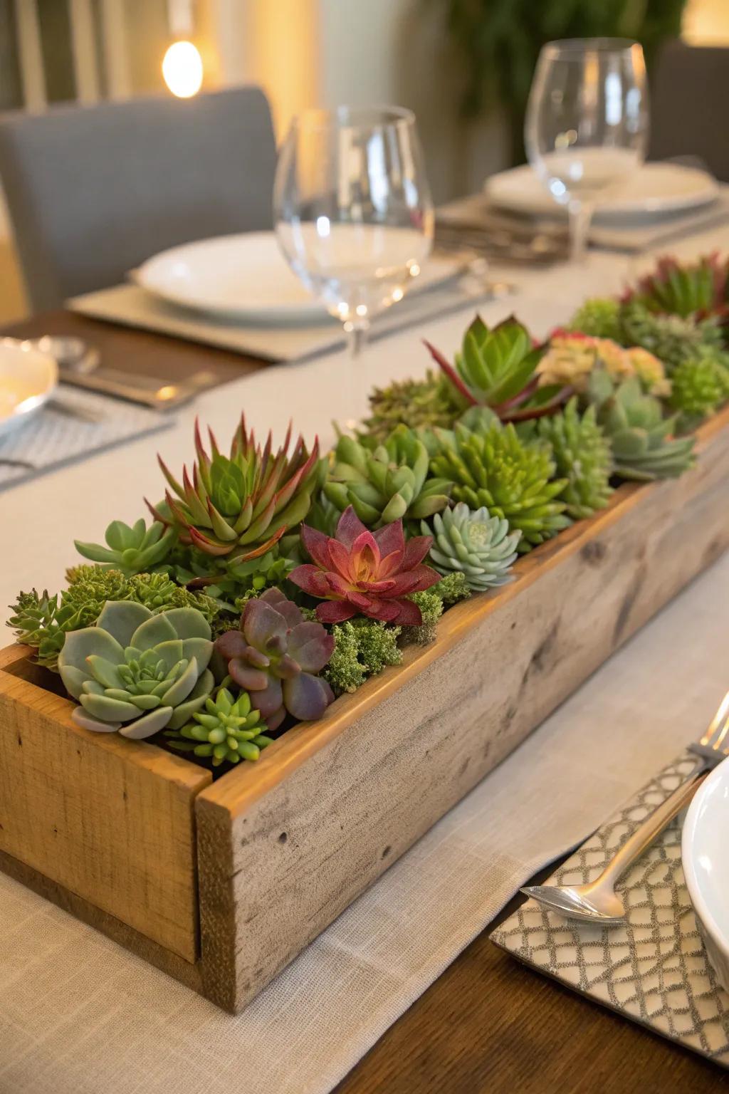 A succulent trough centerpiece adds elegance to dining tables.