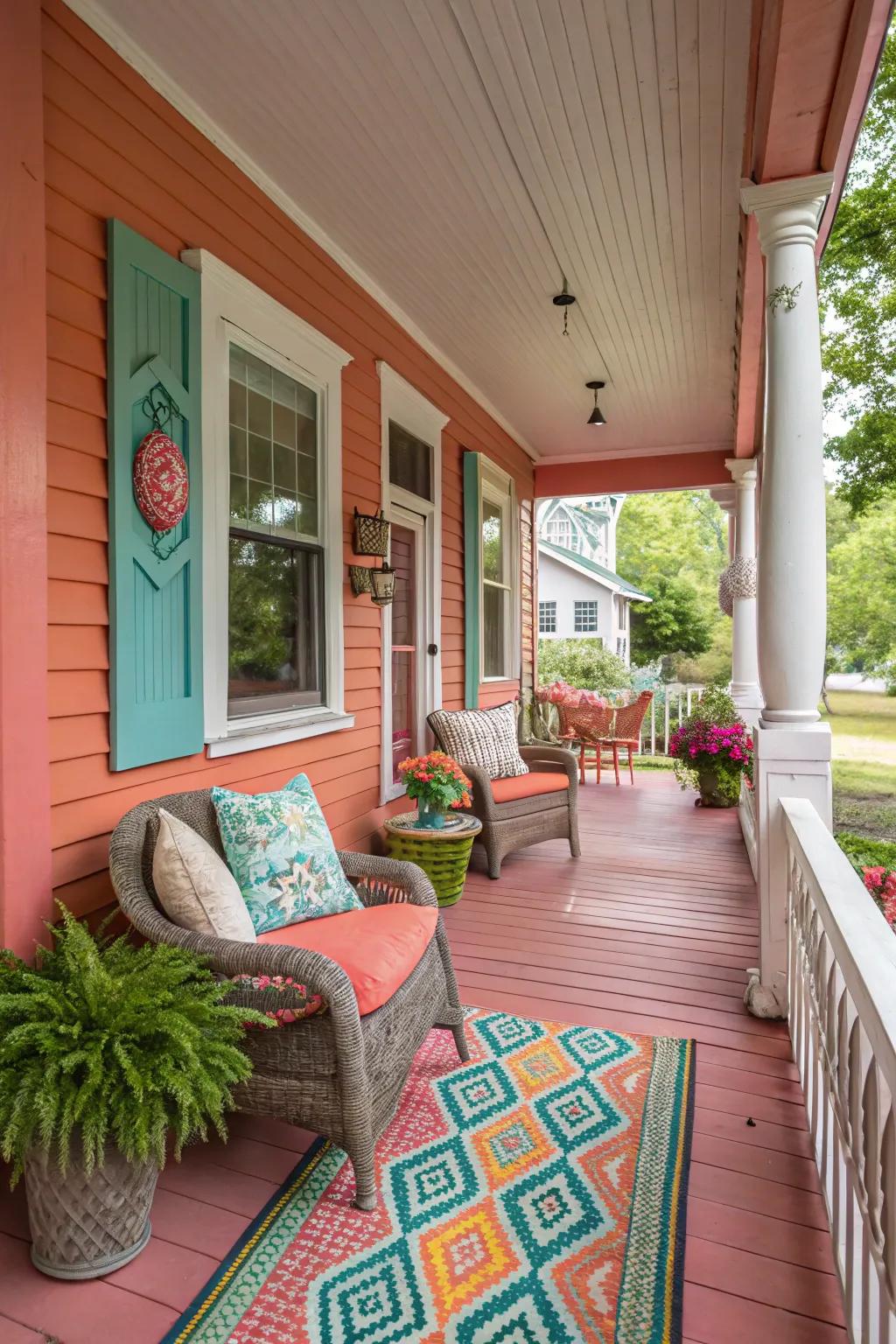 Charming coral adds a bold and inviting touch to this unique porch.