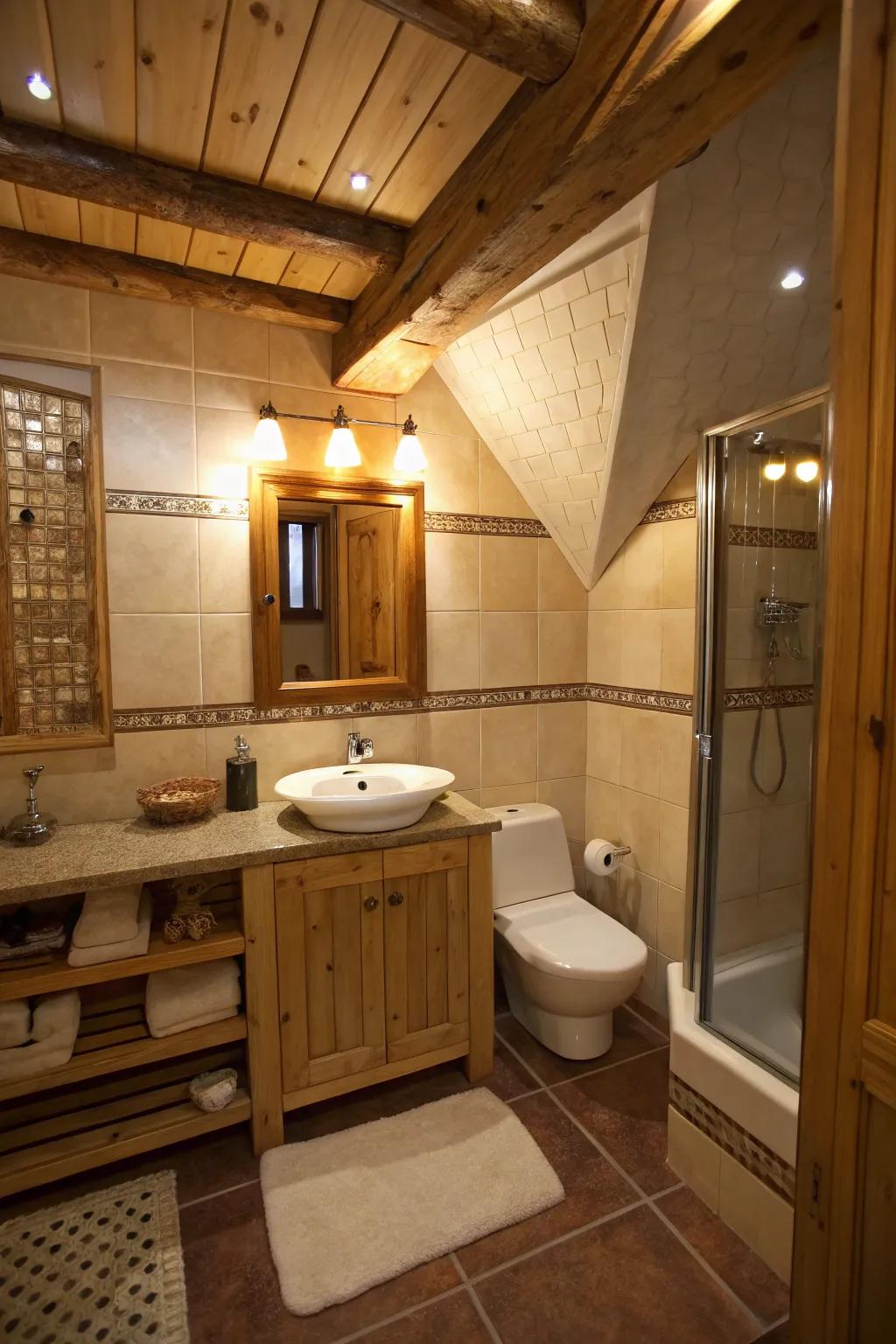 Corner recessed lights add warmth to smaller bathrooms.