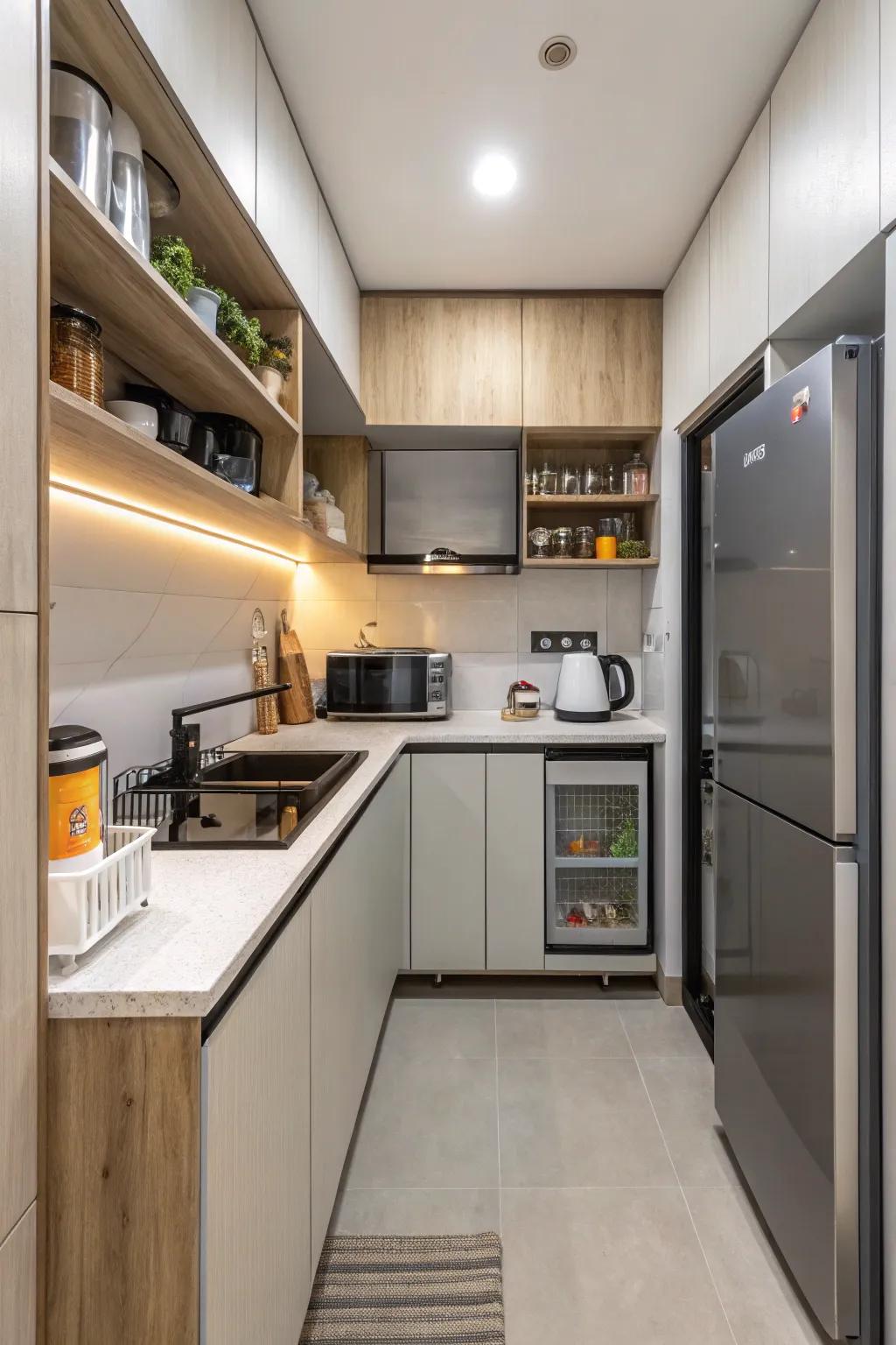 Slimline appliances in a small kitchen save space while maintaining functionality.