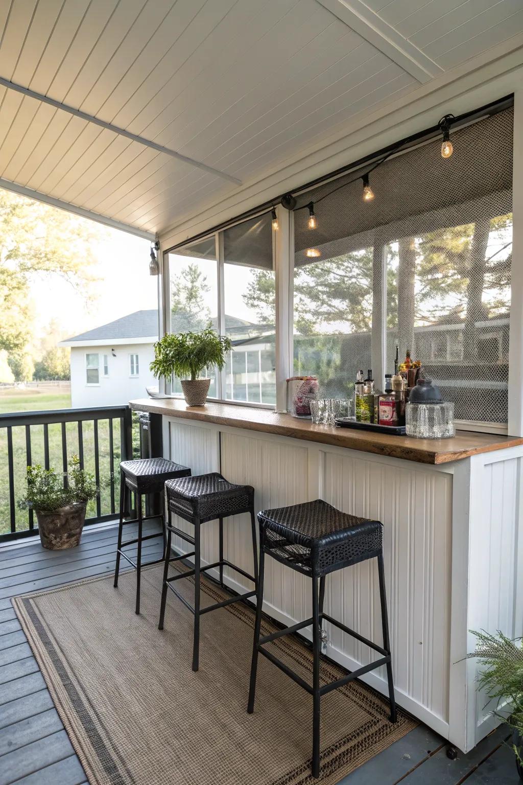 A mini bar adds a touch of elegance and is perfect for entertaining on the porch.