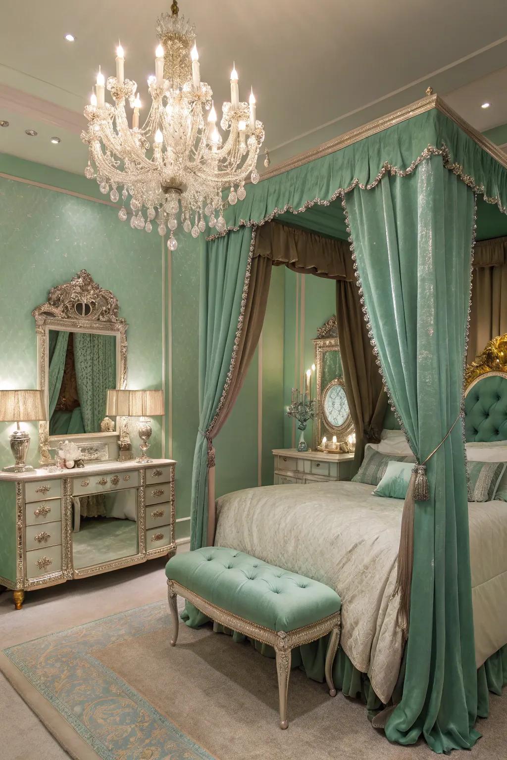 Vintage glam with luxurious velvet and crystal accents against seafoam green walls.