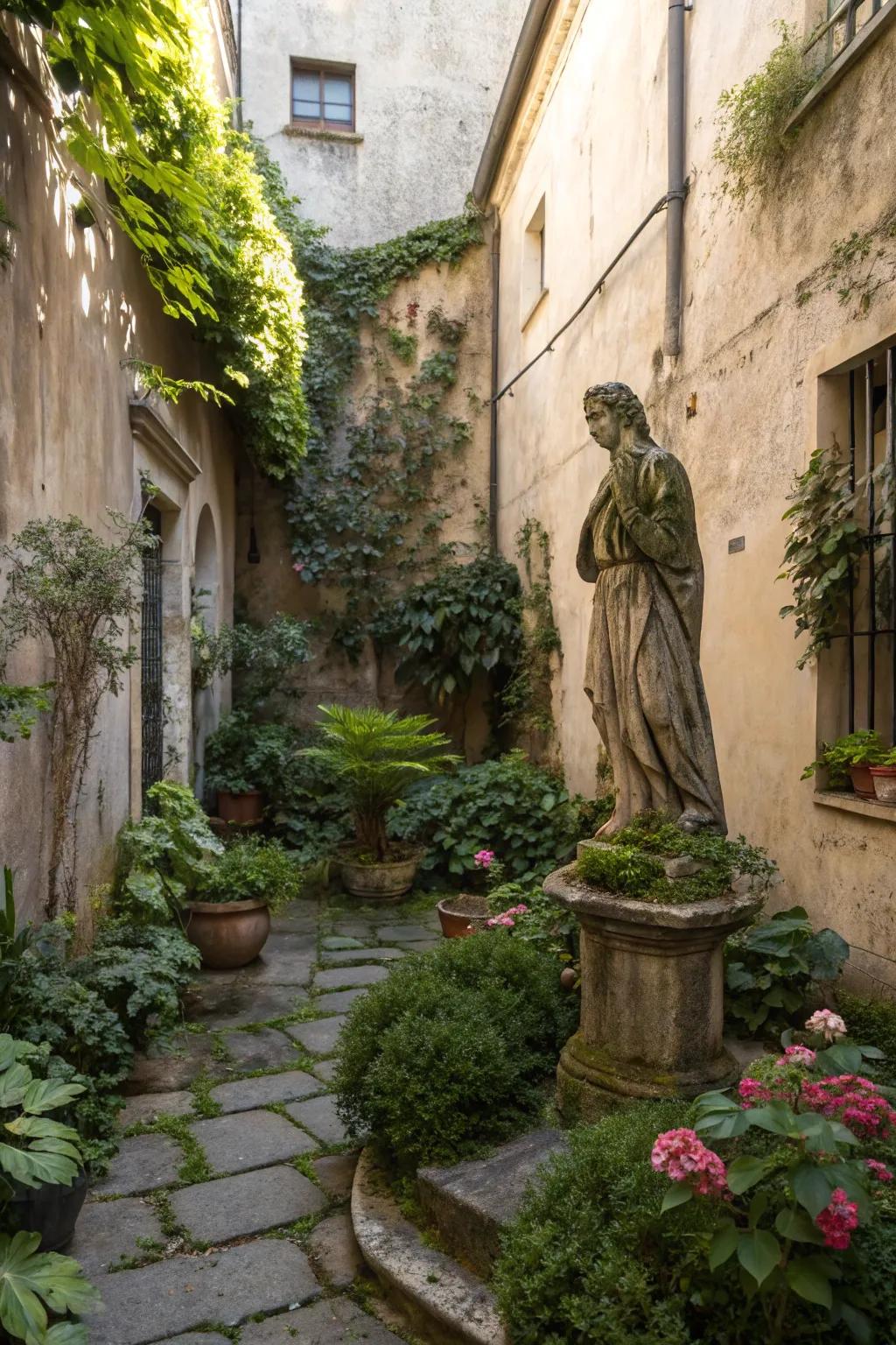 A small courtyard with a weathered stone statue nestled among plants.