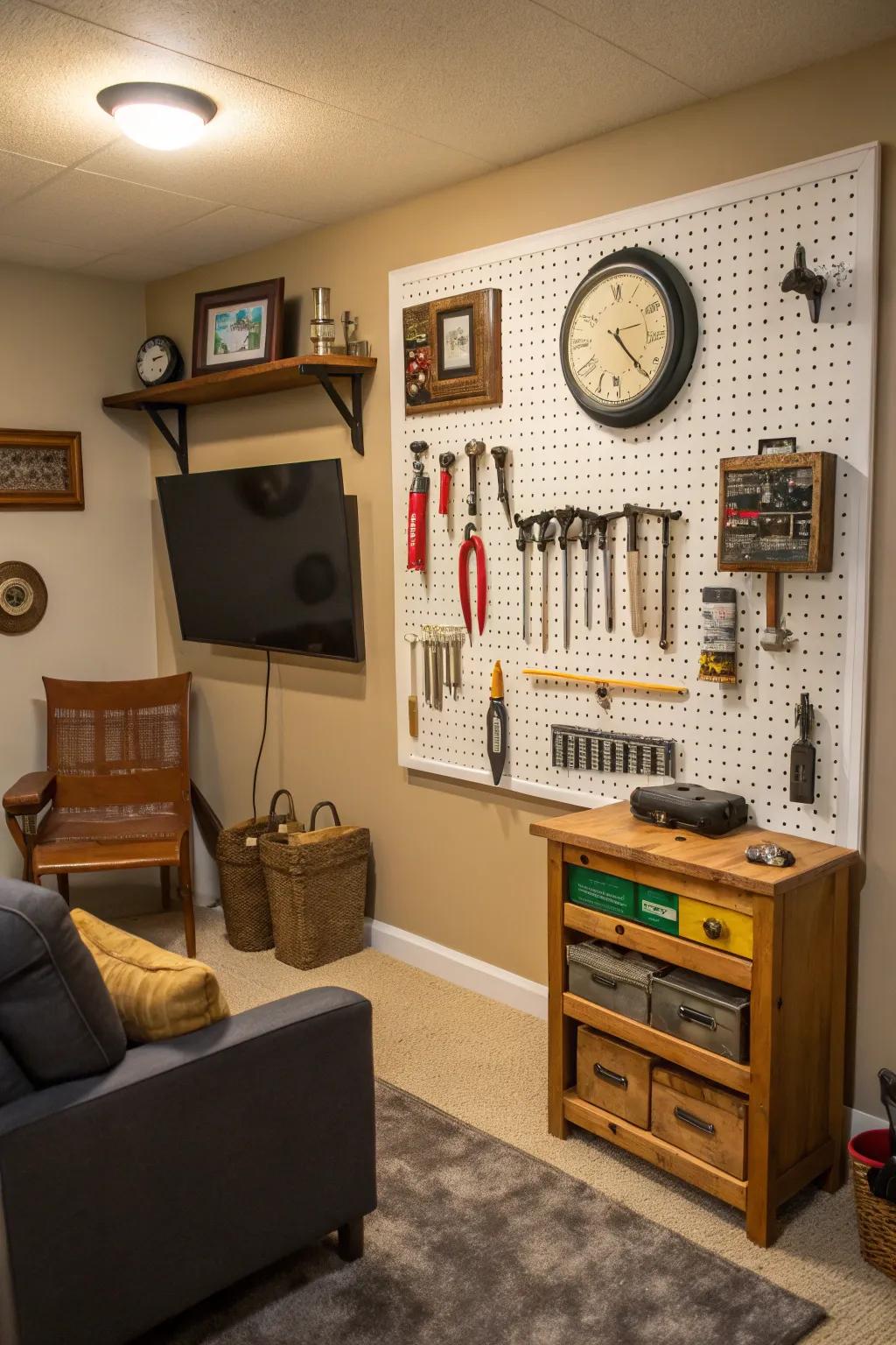 A pegboard wall maximizes organization and accessibility in your man cave.