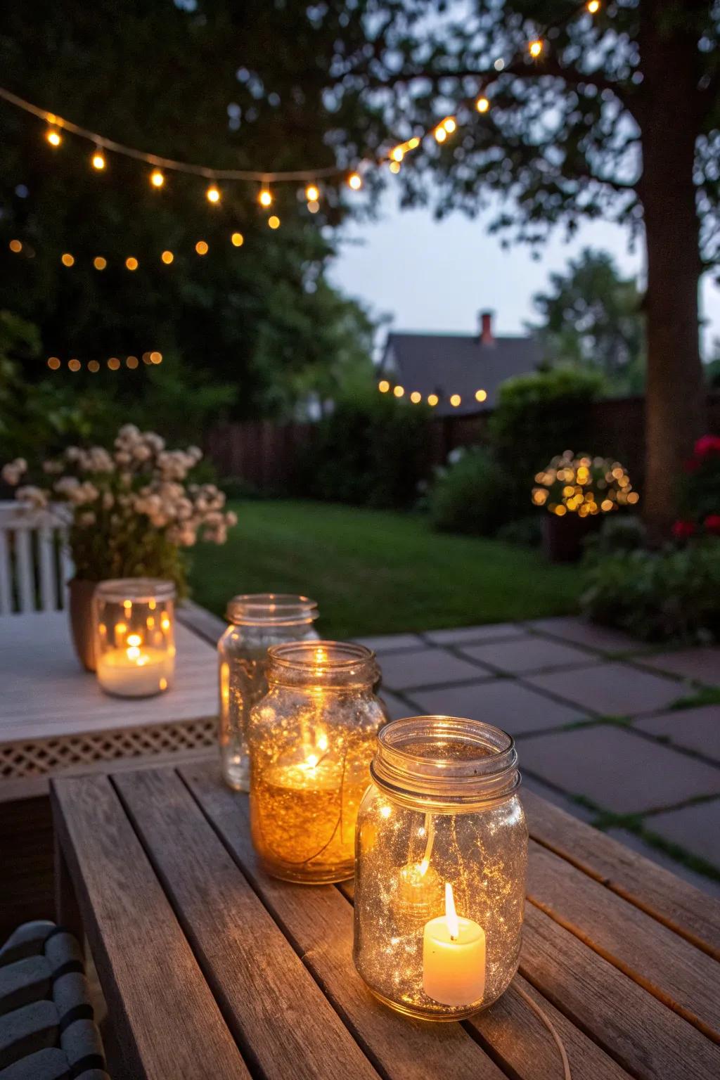 Decorative mason jar lanterns for a cozy ambiance.