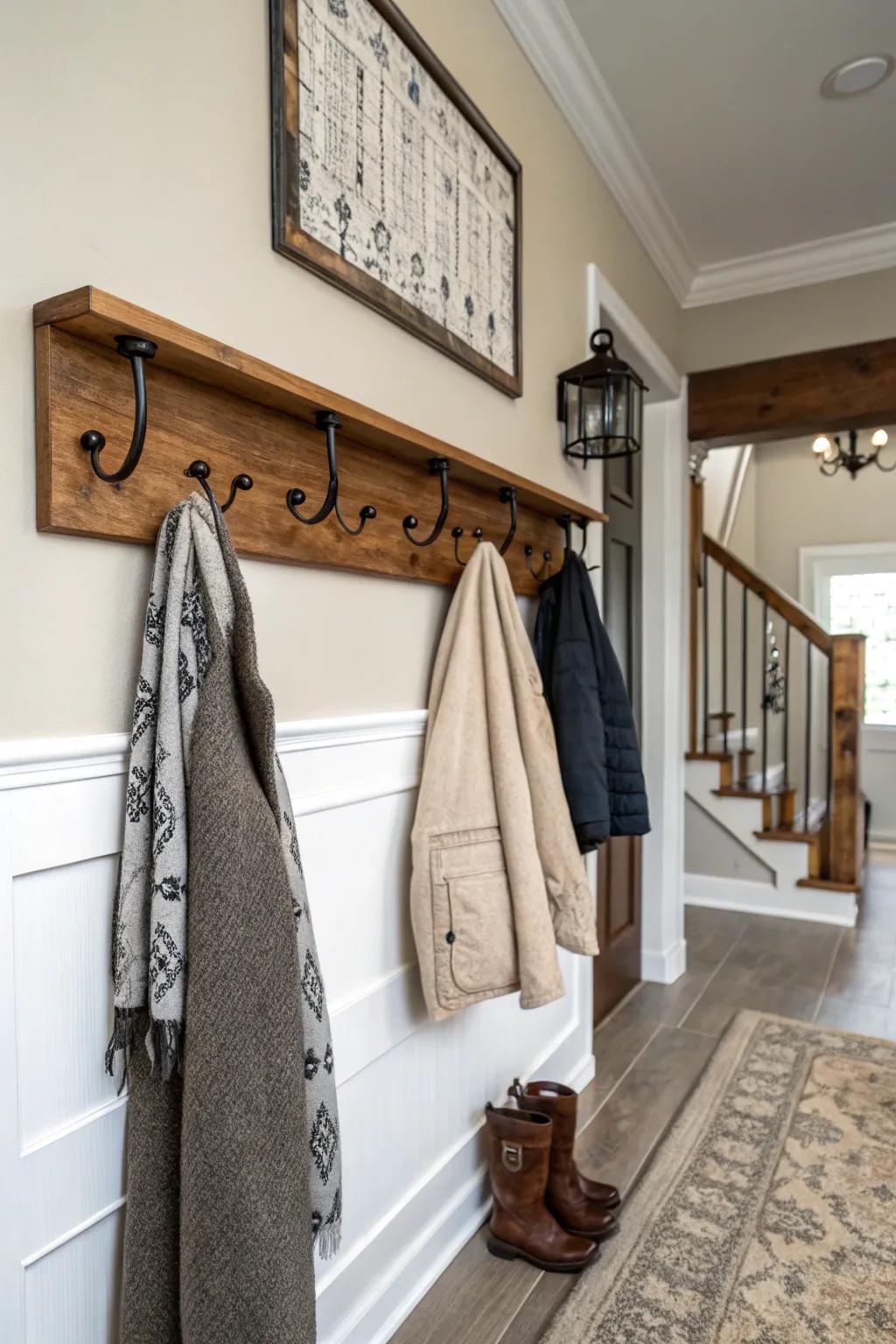 A coat rack that marries functionality with rustic charm.