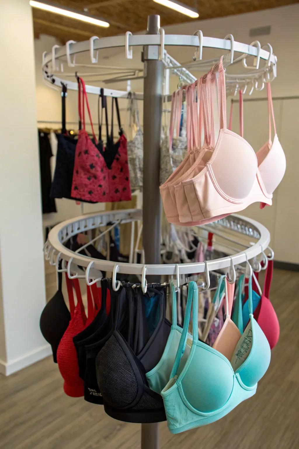 A rotating rack provides easy access and encourages rotation of bras.