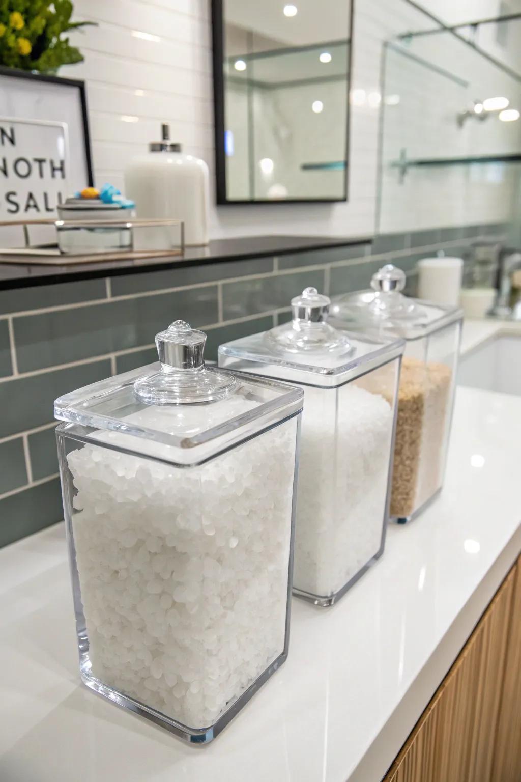 Acrylic canisters add a modern flair to Epsom salt storage