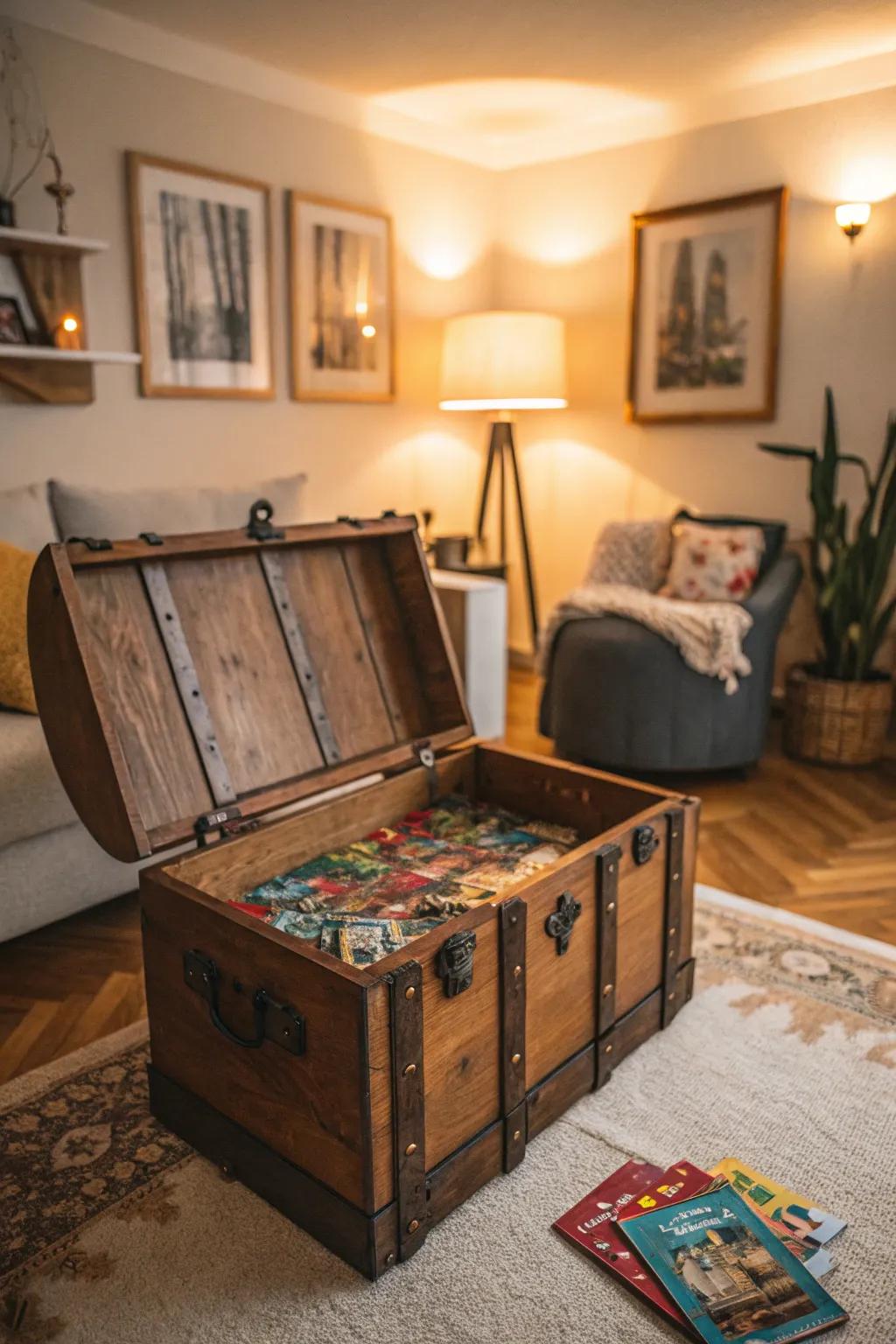 A decorative chest offers stylish hidden storage for puzzles.