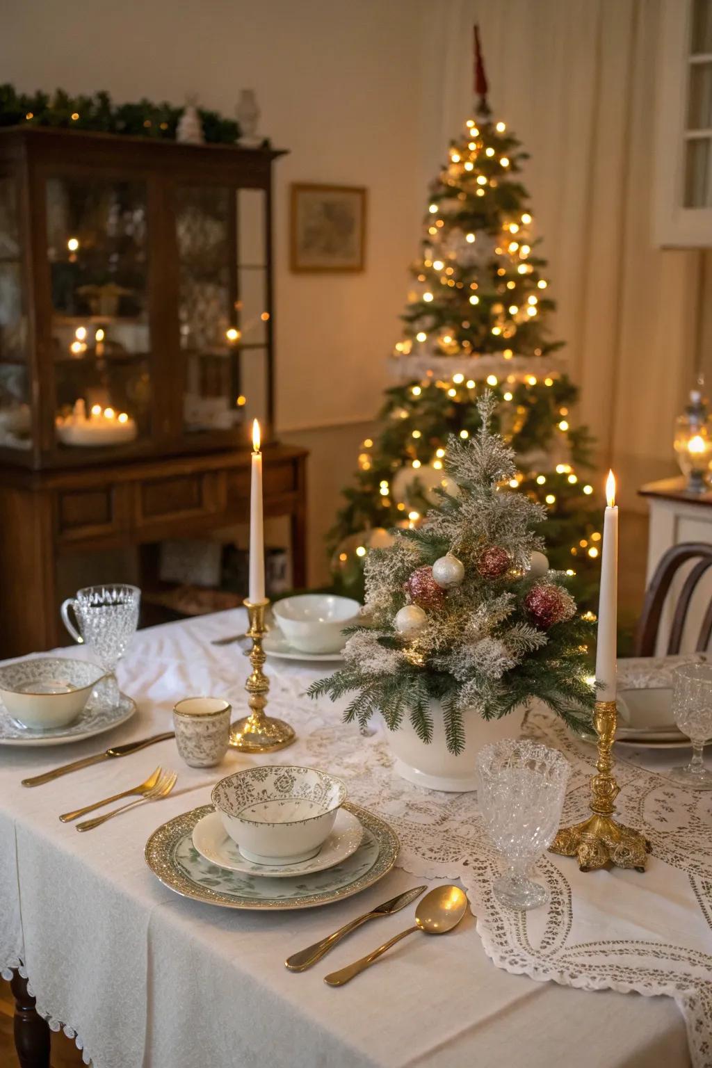 Antique elements add vintage chic to this elegant Christmas table.