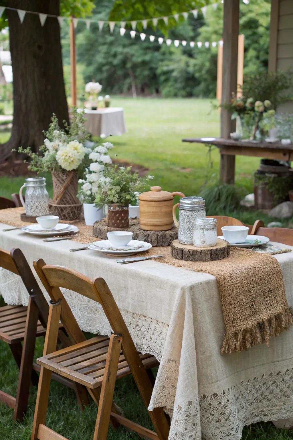 Farmhouse-themed tea party with rustic decor.