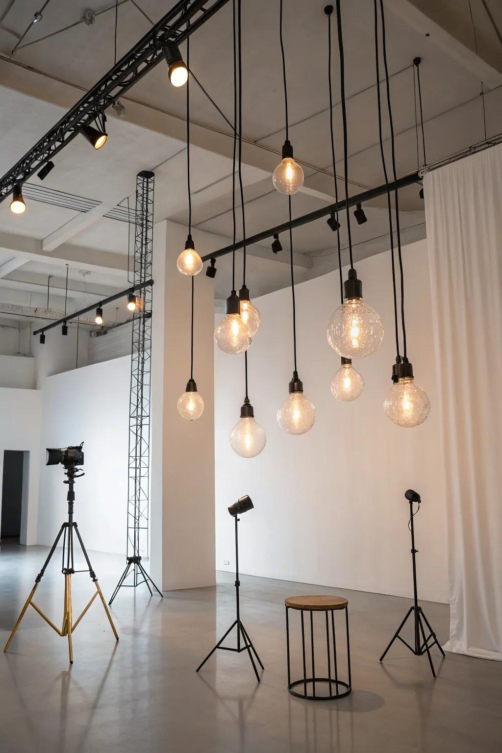 Clusters of pendant lights add an artistic element to a studio.