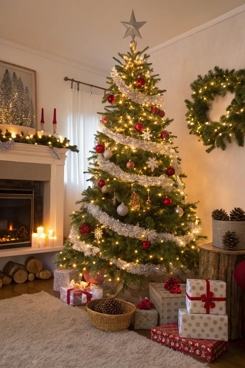 A glittery garland and pinecones create a whimsical forest look under the tree.