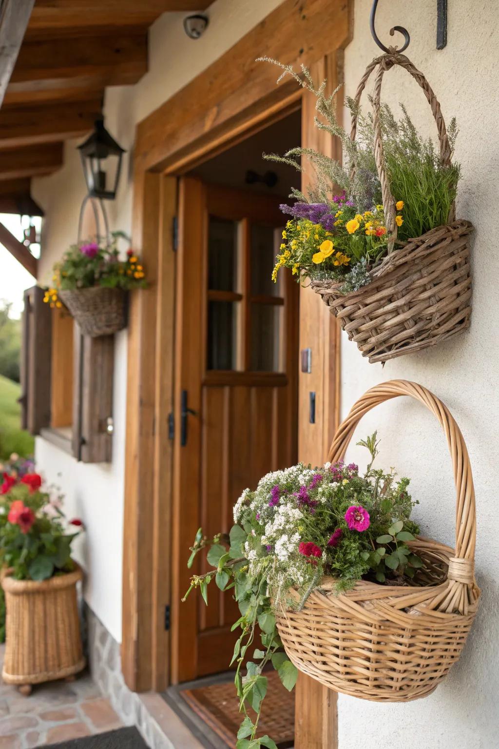 Wicker baskets bring a timeless charm as hanging planters.