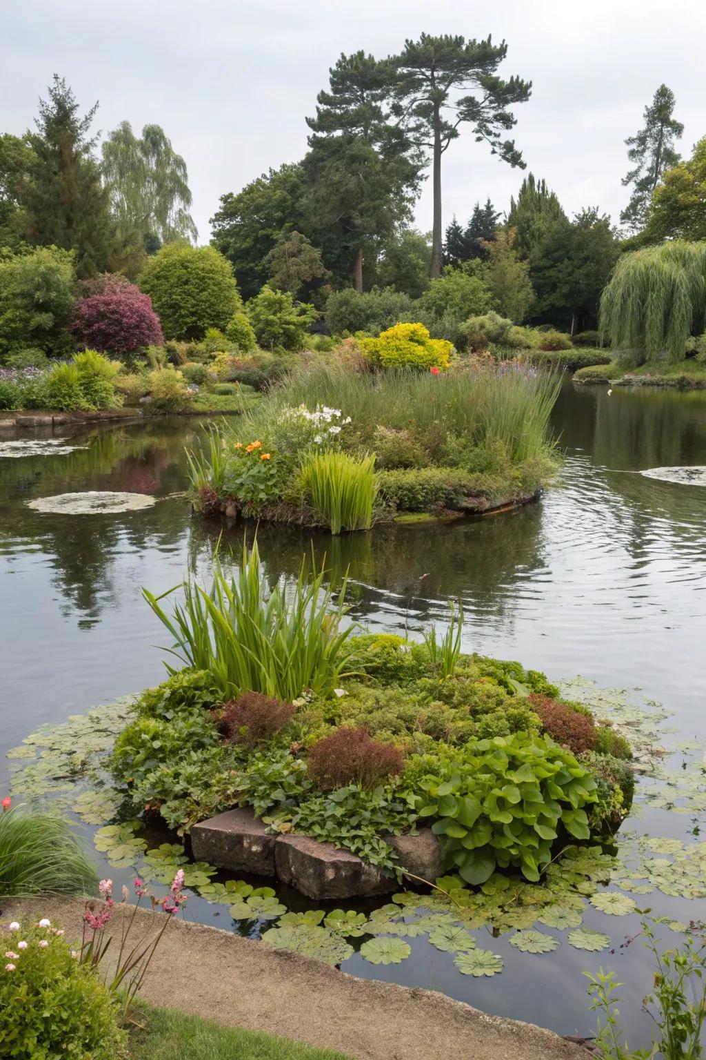 An aquatic plant island brings vibrant life to pond features.